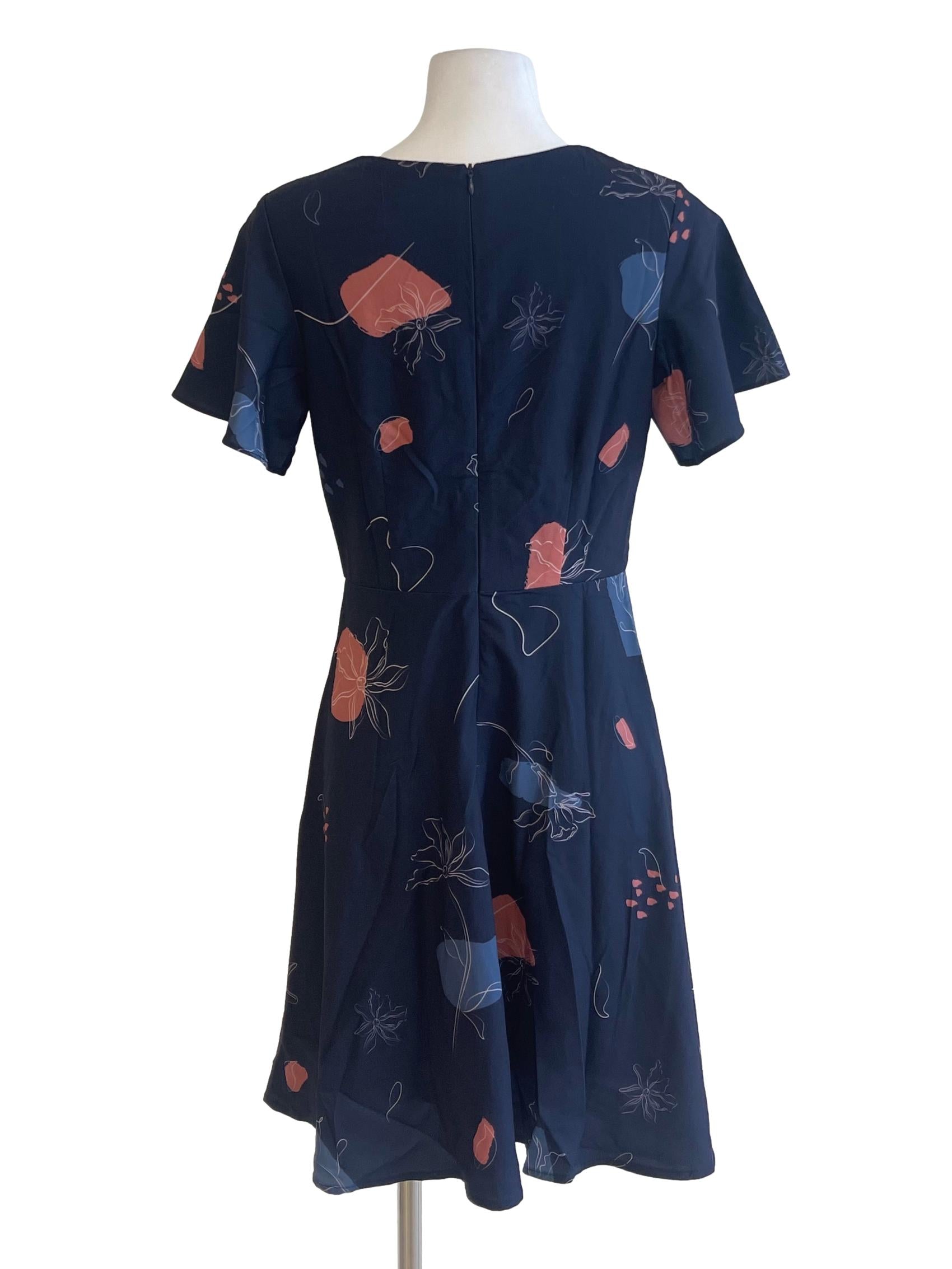 Navy Blue Floral V Neck Cap Sleeve Dress