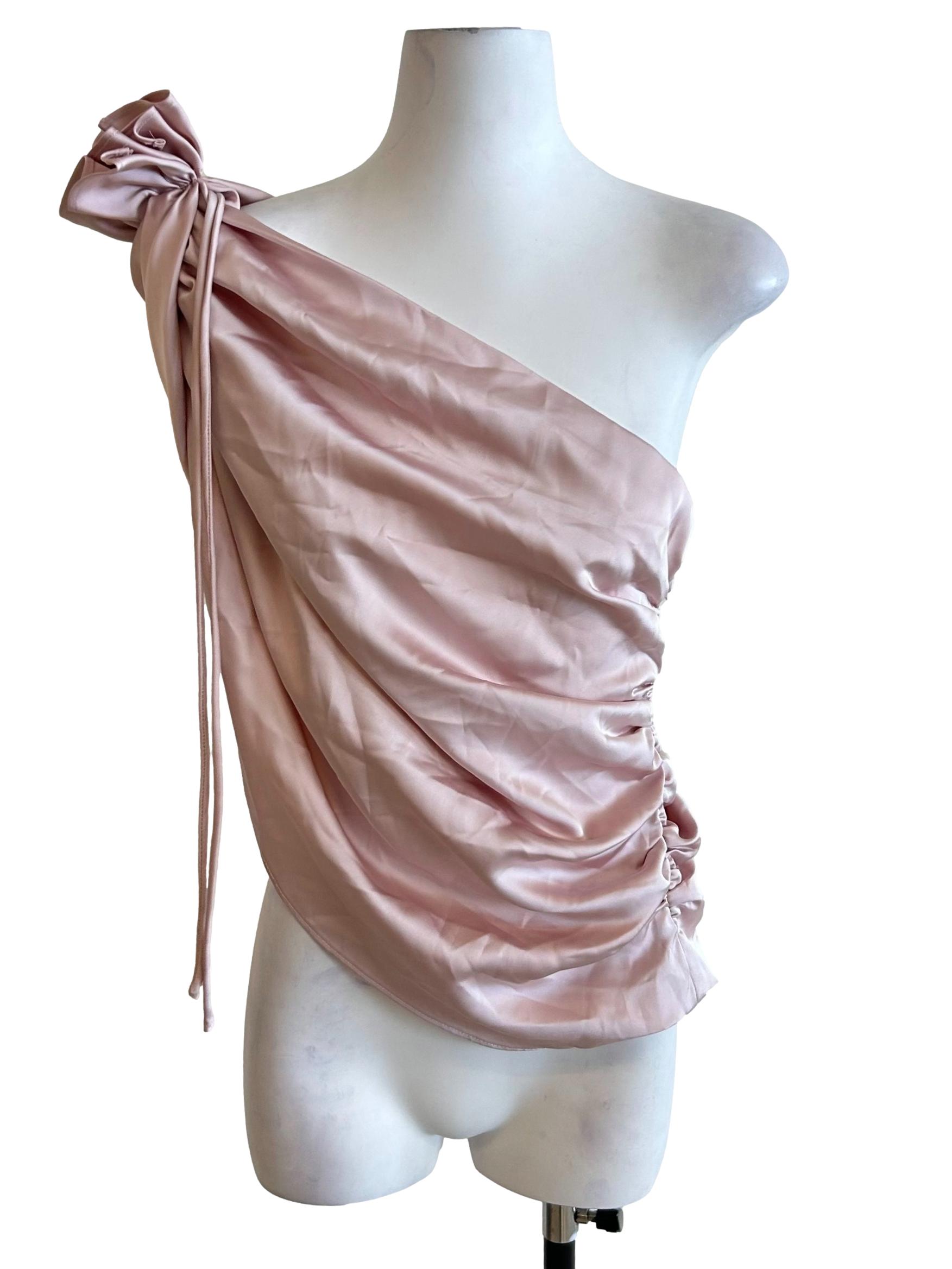 Blush Pink Satin One Shoulder Ruched Top