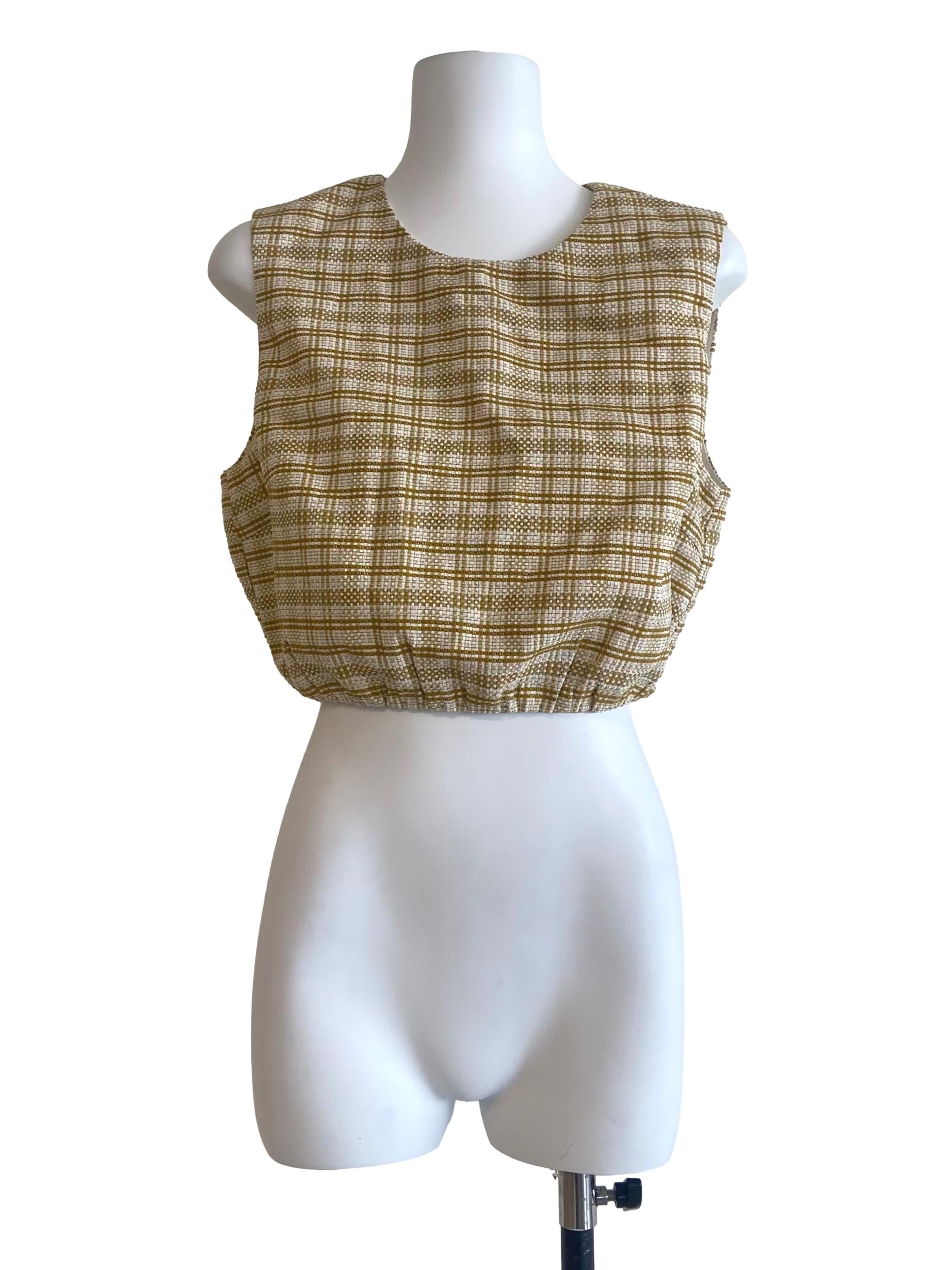 Yellow & White Plaid Sleeveless Pegged Waist Blouse