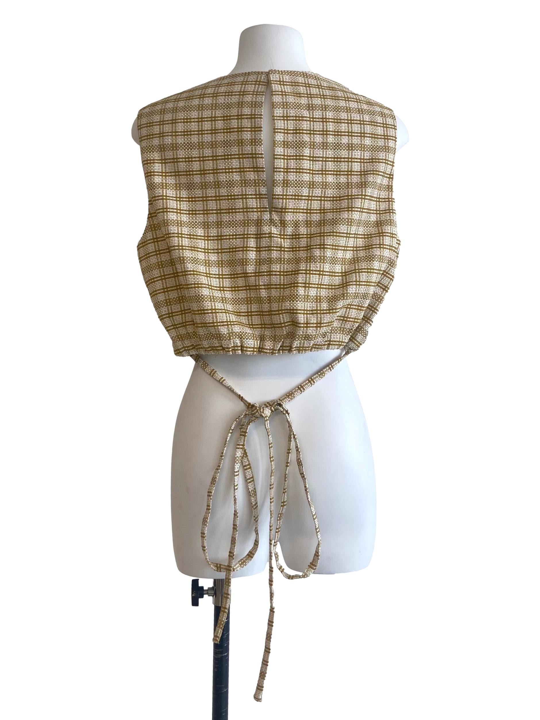 Yellow & White Plaid Sleeveless Pegged Waist Blouse