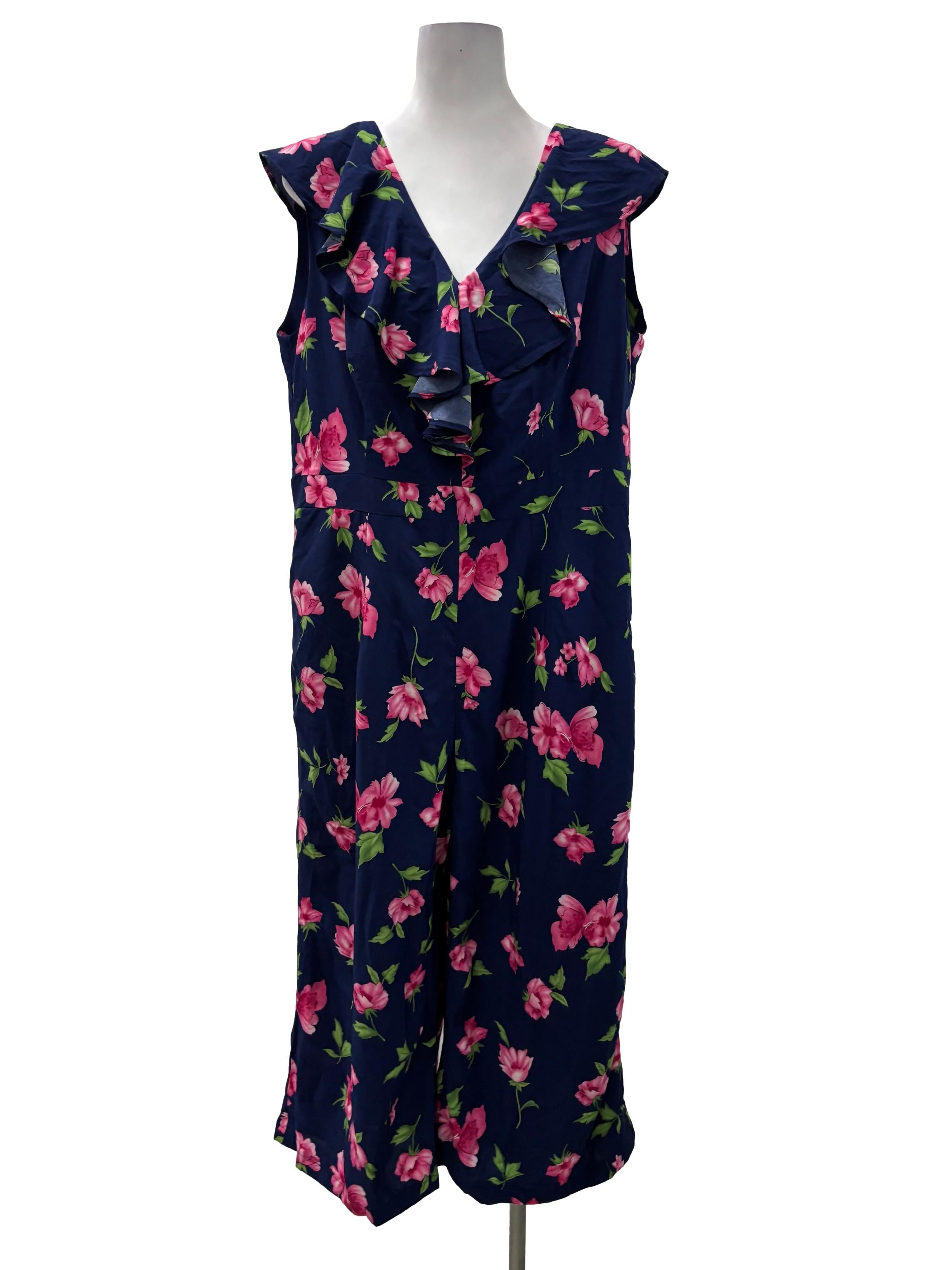 Navy Blue V-Neck Ruffle Sleeveless Jumpsuit
