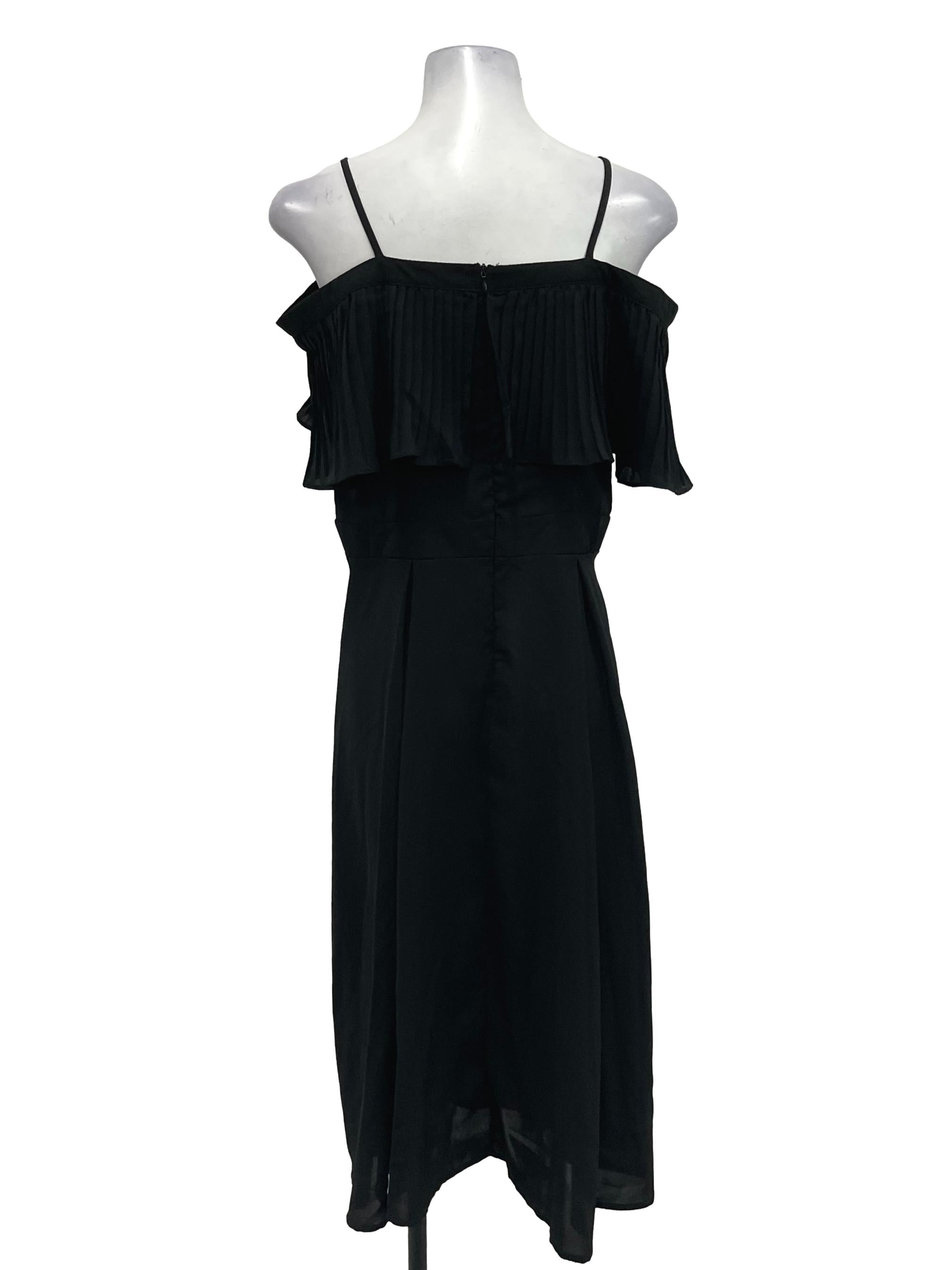 Black Pleated Cold Shoulder Midi Dress
