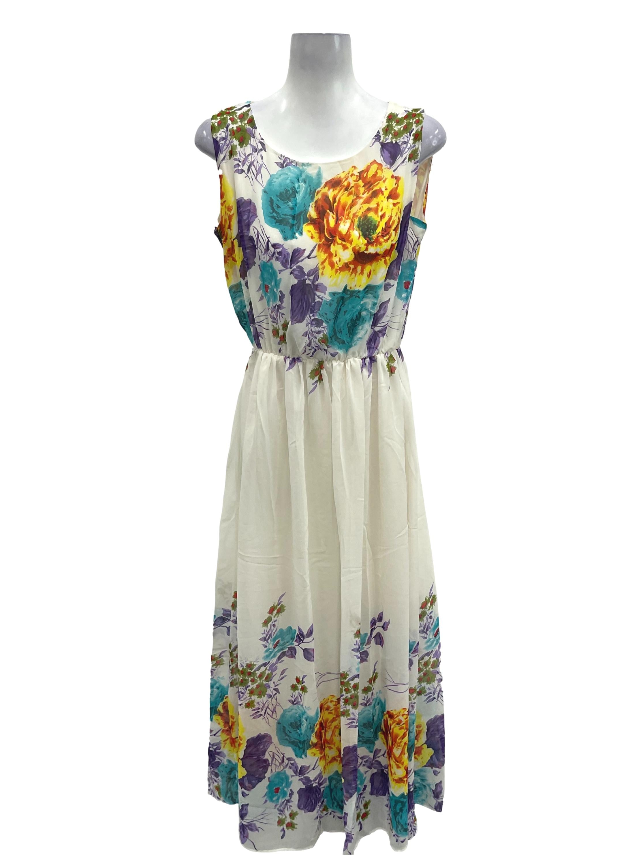 Cream Roundneck Maxi Dress With Purple Teal And Yellow Flowers