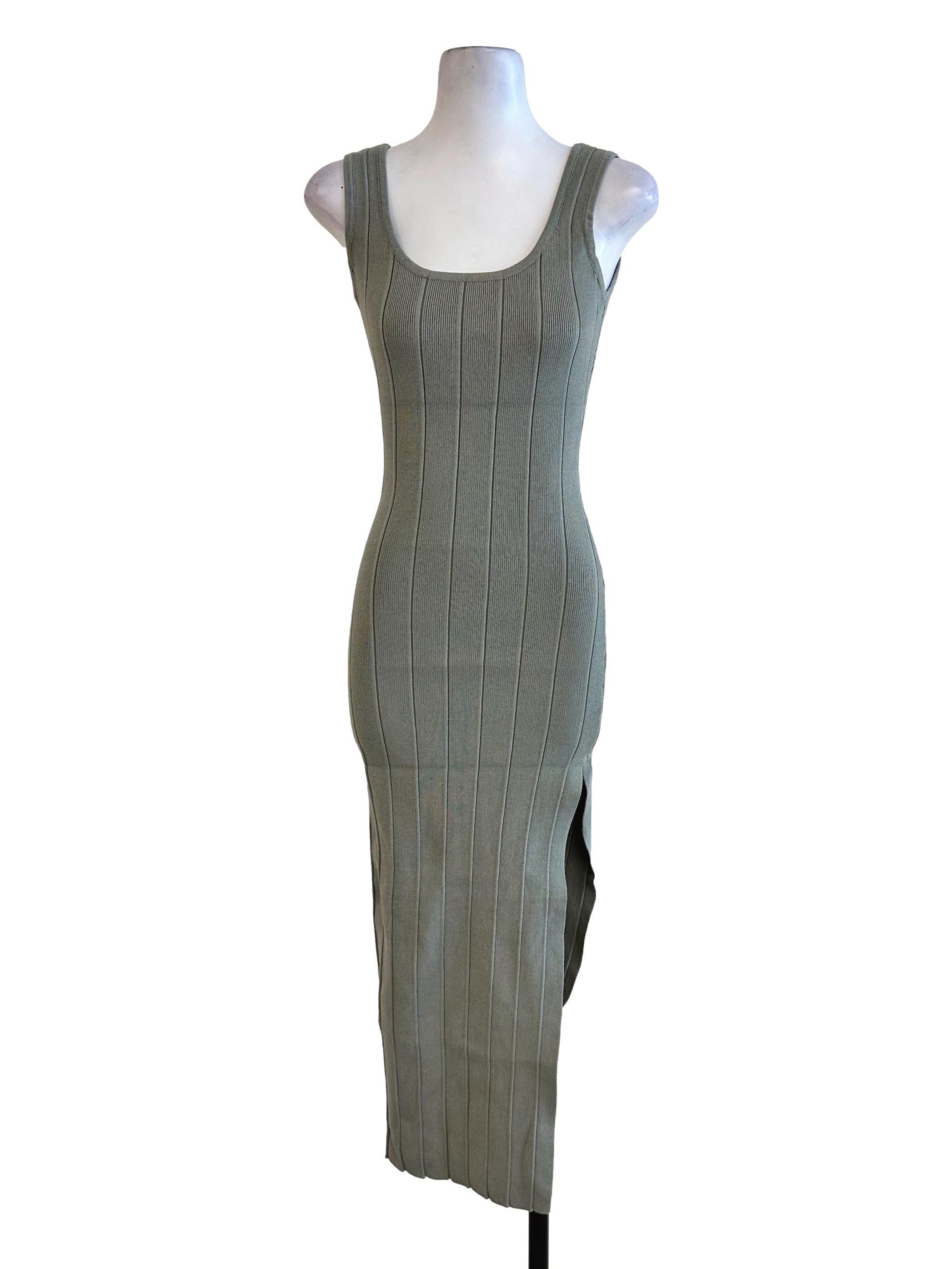 Crocodile Green Textured Sleeveless Slit Dress