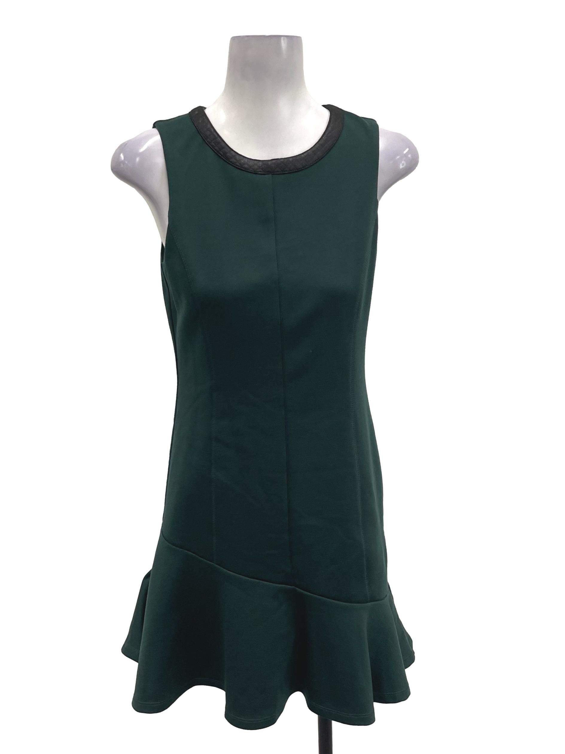 Forest Green Roundneck Sleeveless Mini Dress With Black Trim