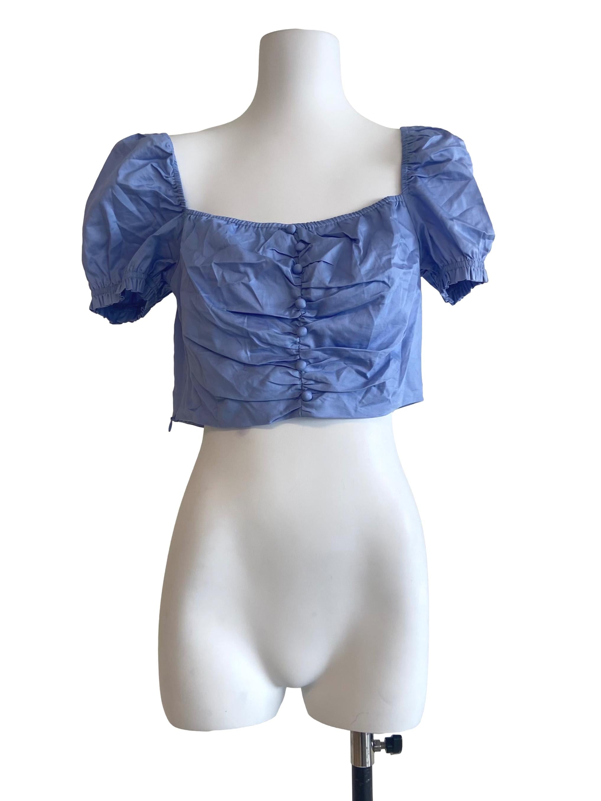 Blue Square Neck Juliet Sleeve Crop Top