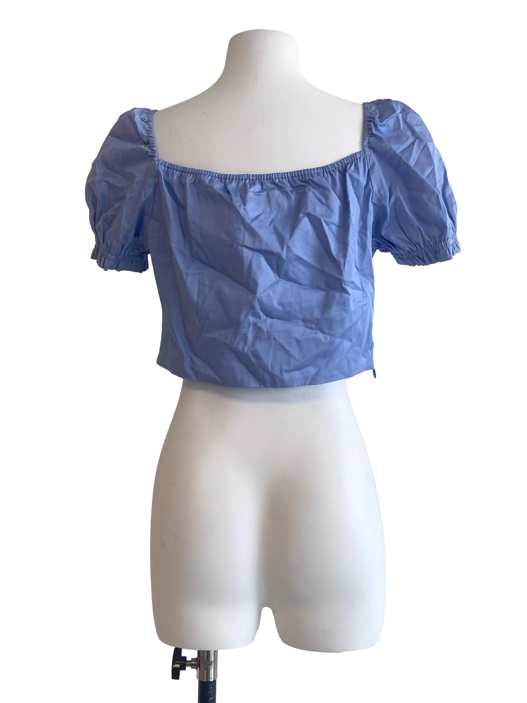 Blue Square Neck Juliet Sleeve Crop Top