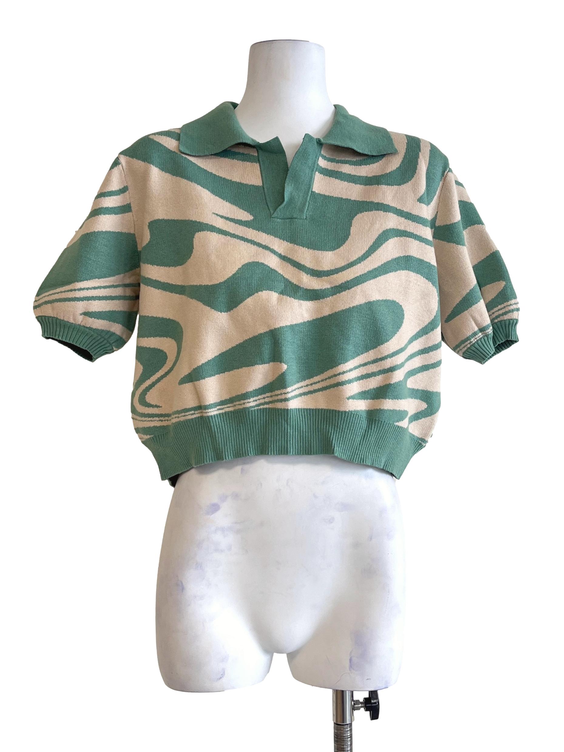 Pistachio Green Collar Neck Short Sleeve Top