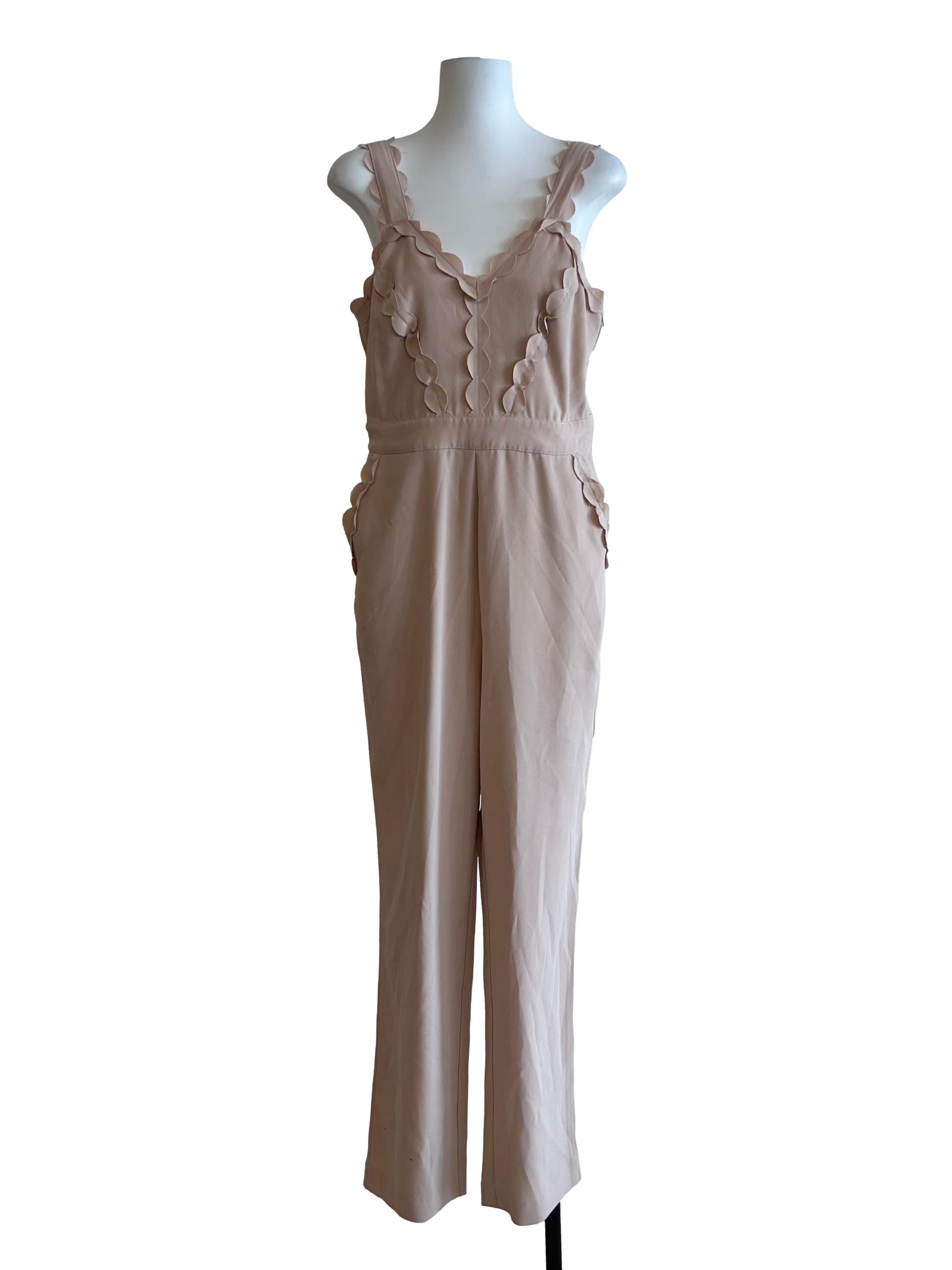 Beige Anthropologie Idris Scalloped Trim Jumpsuit