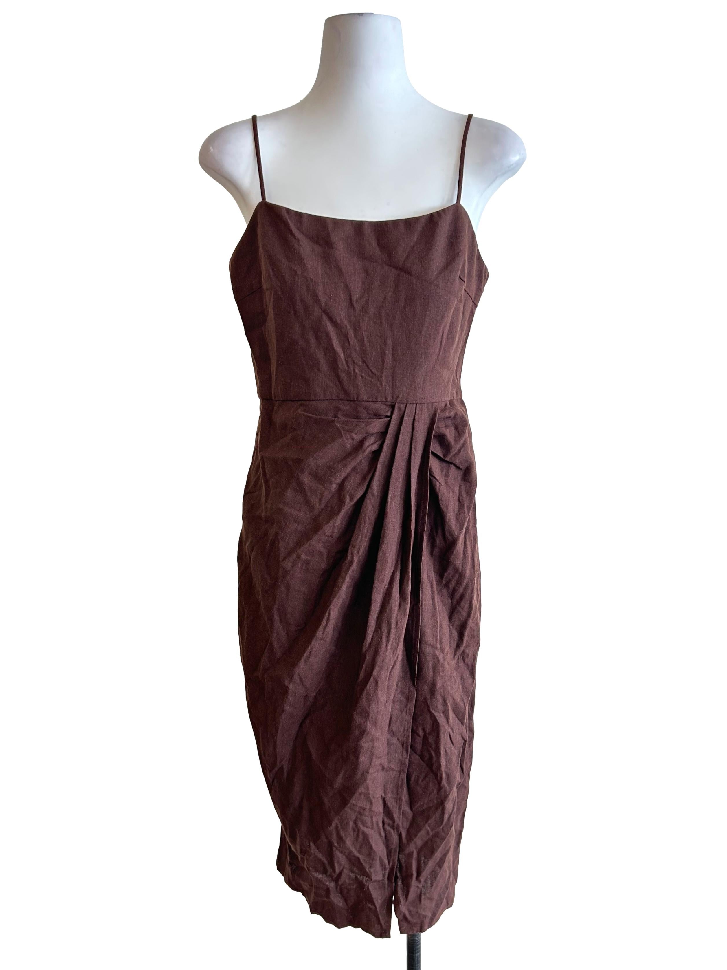 Chocolate Brown Linen Ruched Midi Dress