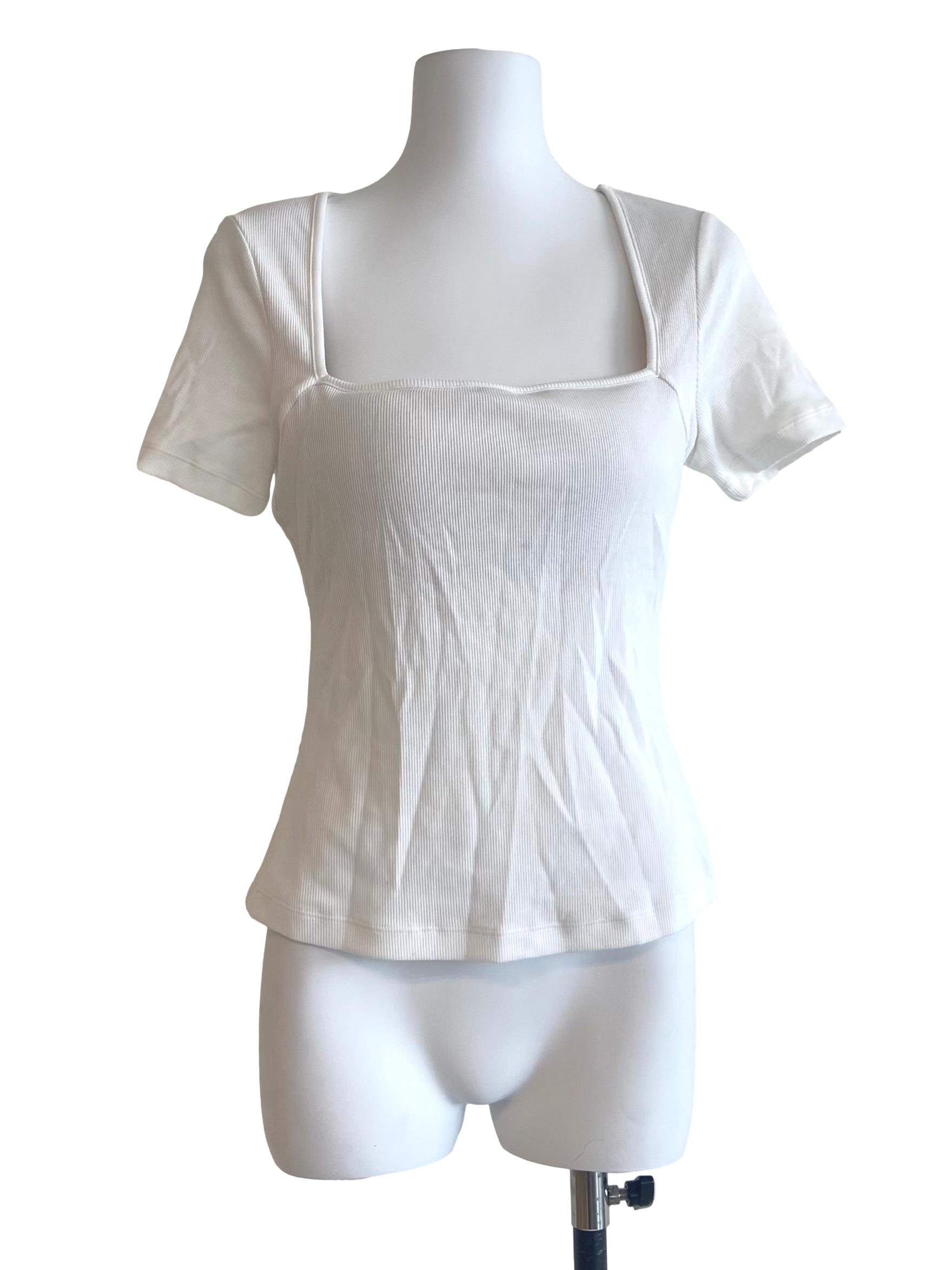 White Queen Anne Neck Ribbed Top