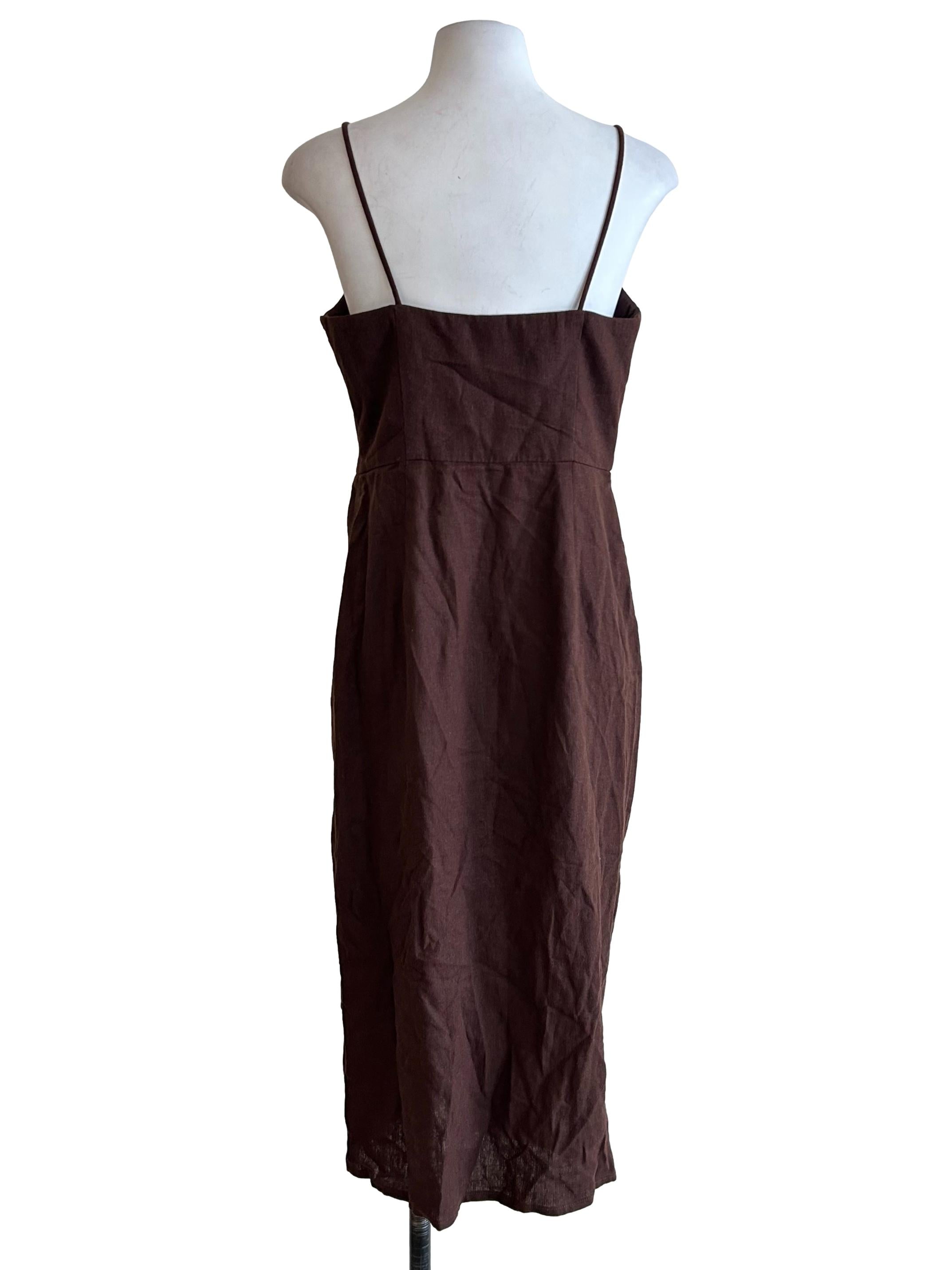 Chocolate Brown Linen Ruched Midi Dress