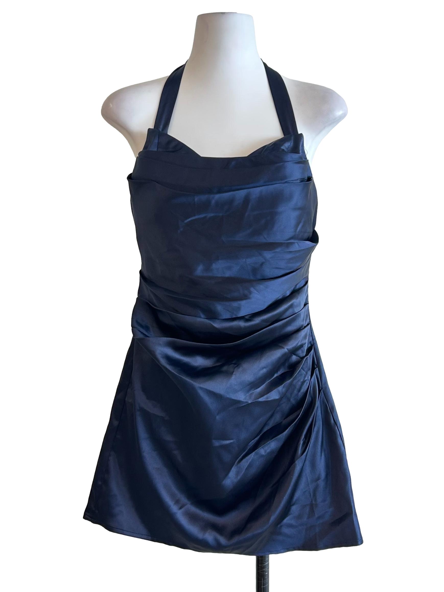 Navy Blue Satin Halter Dress