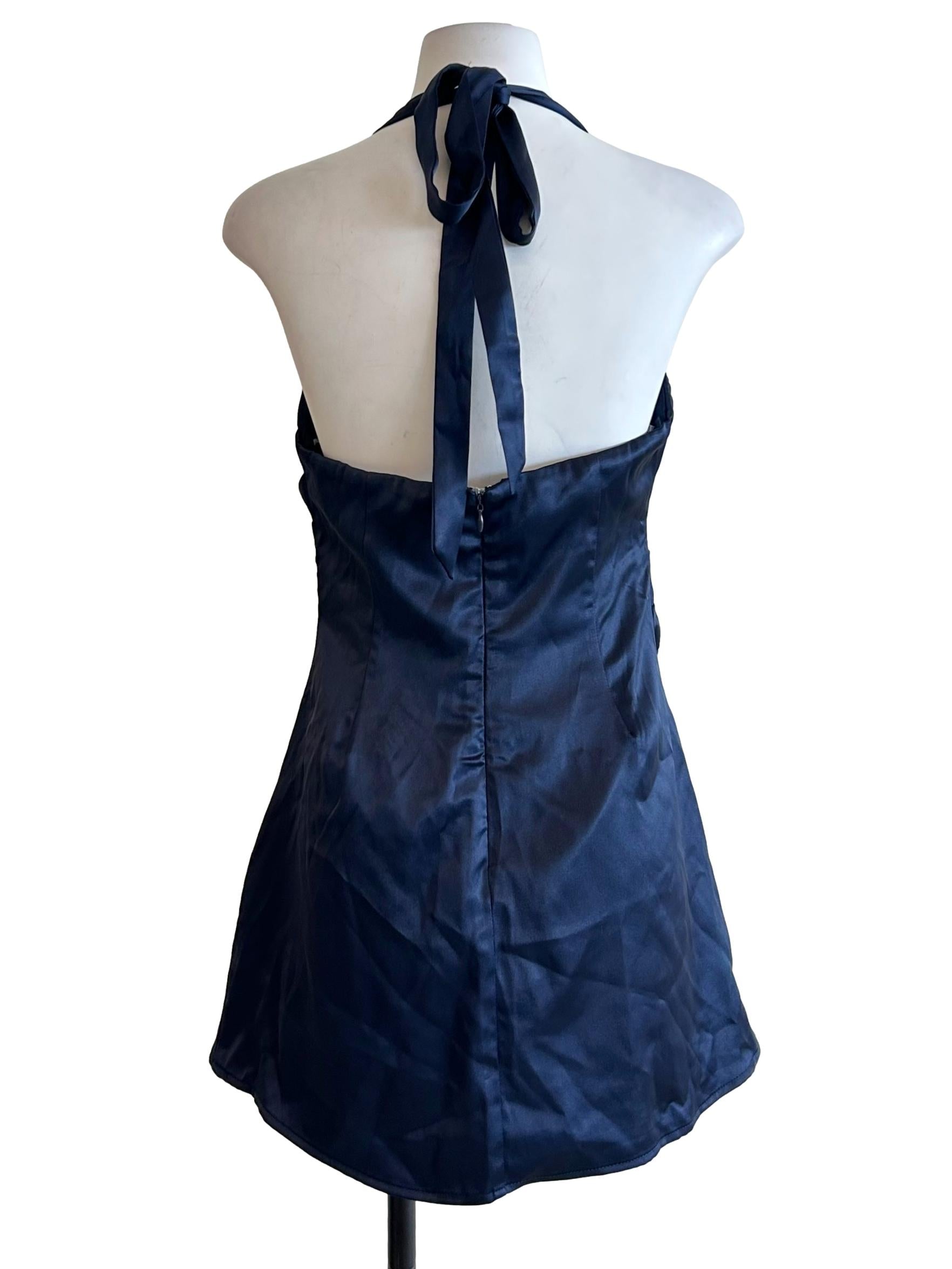 Navy Blue Satin Halter Dress