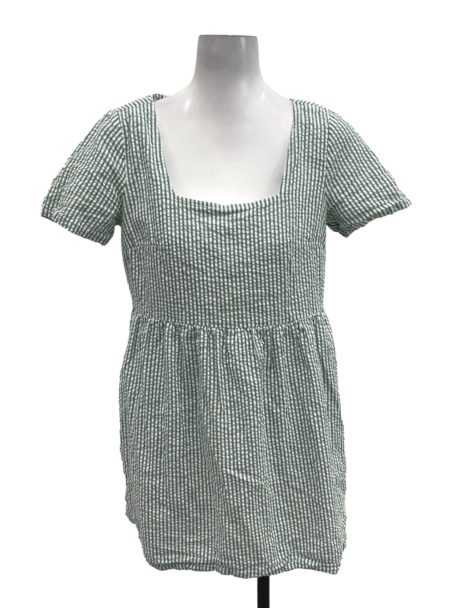 Green And White Square Neck Striped Mini Dress