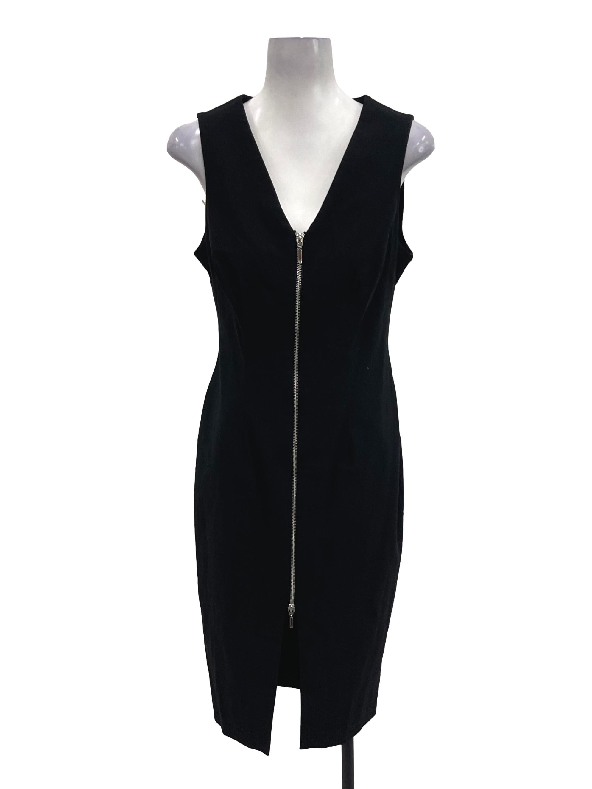 Black V-Neck Zip Front Midi Dress