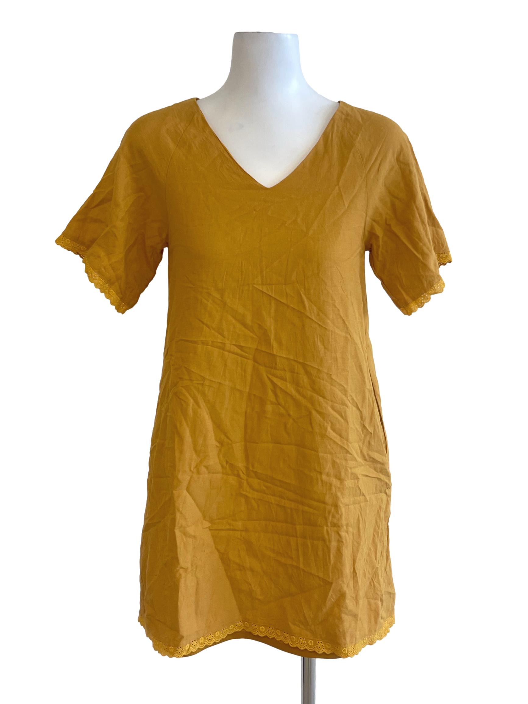 Yellow Mustard Lace Sleeve Mini Dress