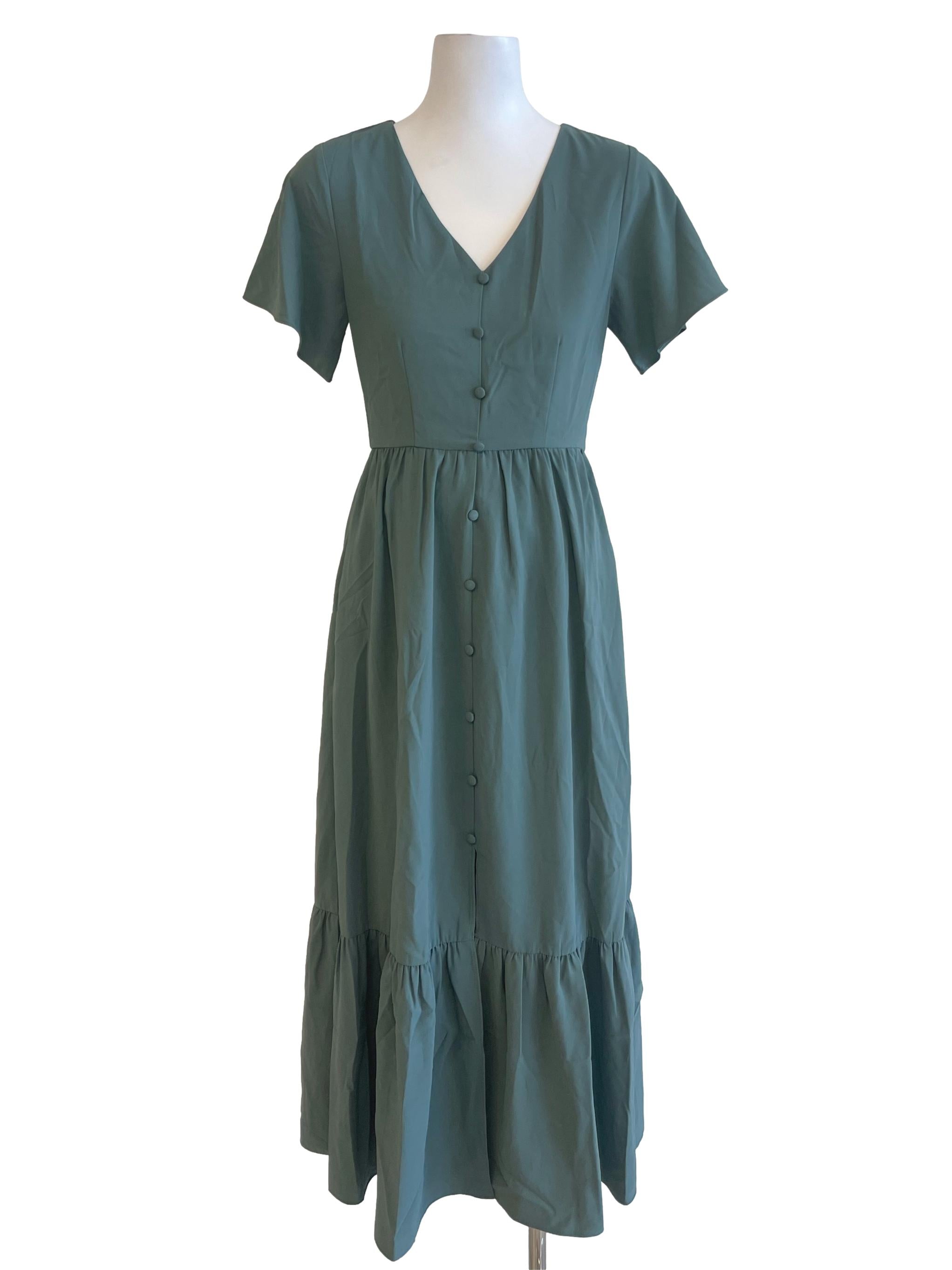 Dark Sage Green V Neck Gypsy Dress