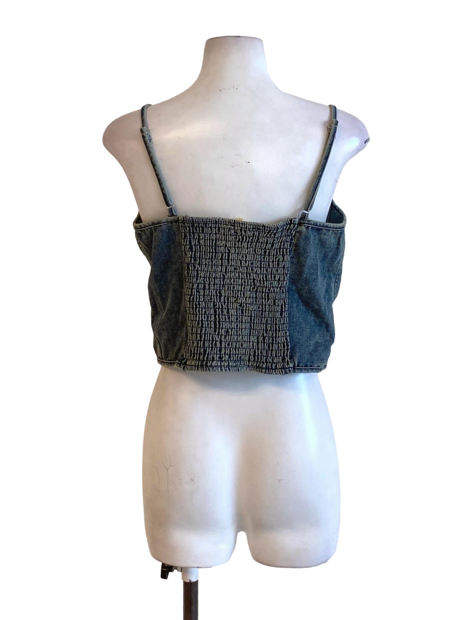 Washed Denim Blue Sweetheart Spaghetti Strap Buttoned Down Denim Cropped Top TTR