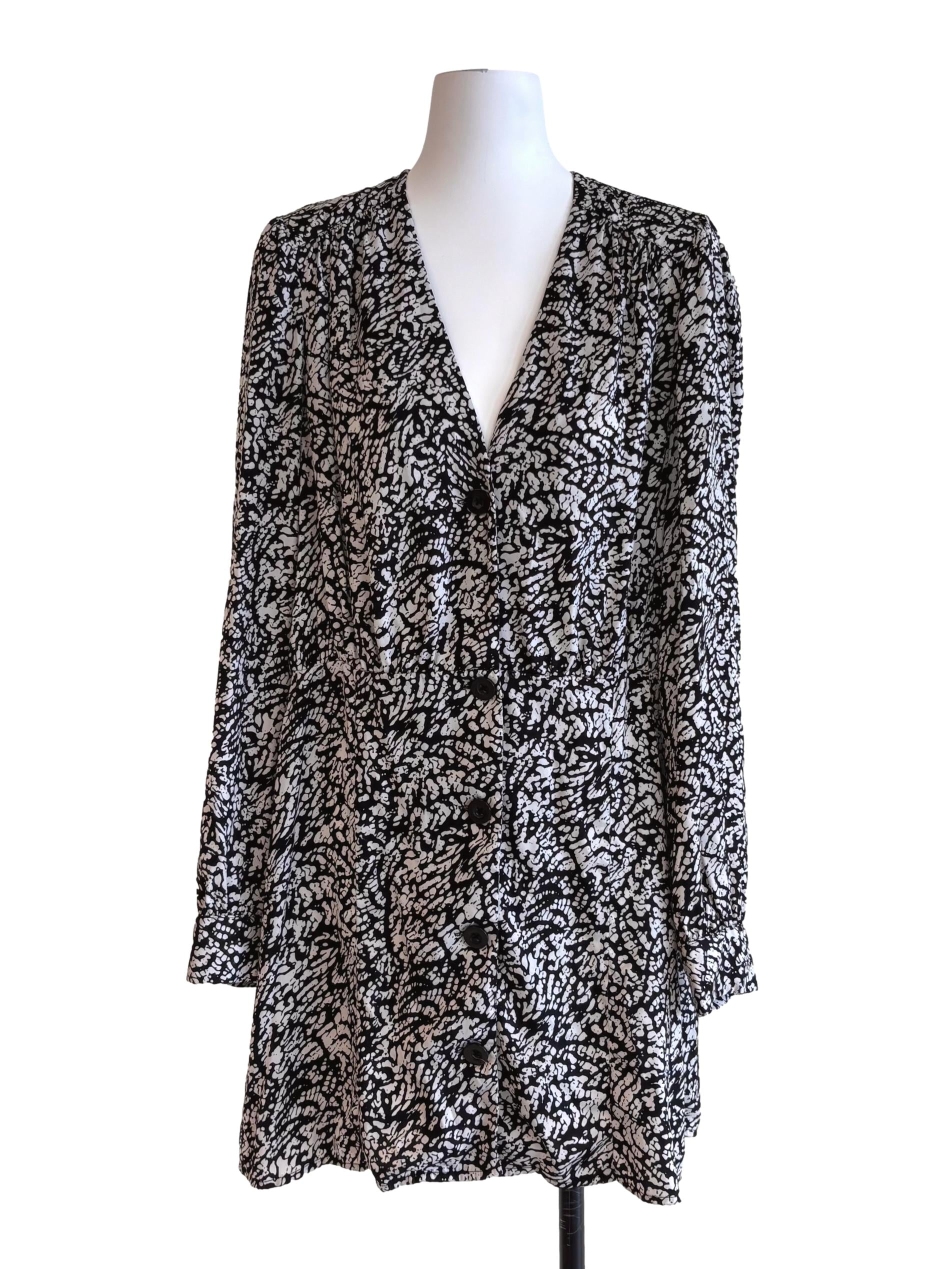 Black White Print Button Front Dress