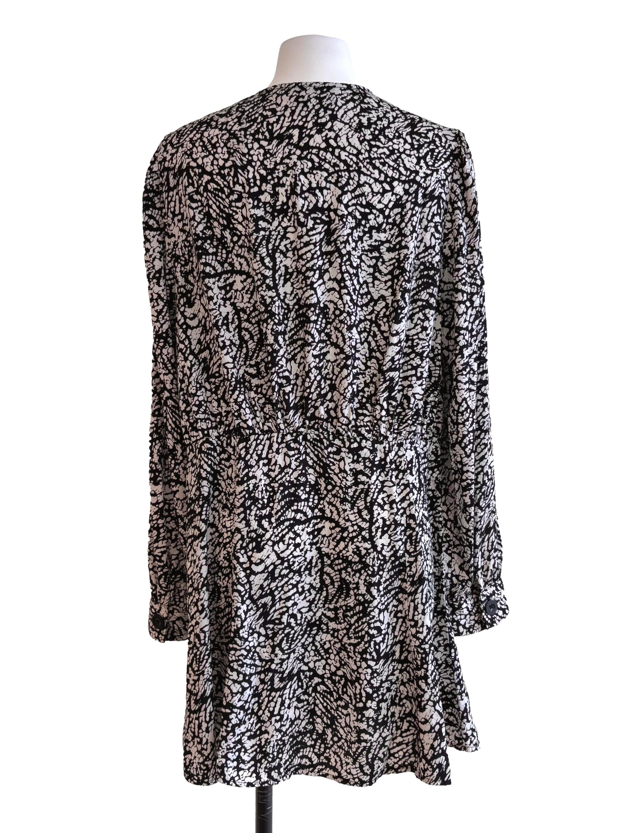 Black White Print Button Front Dress