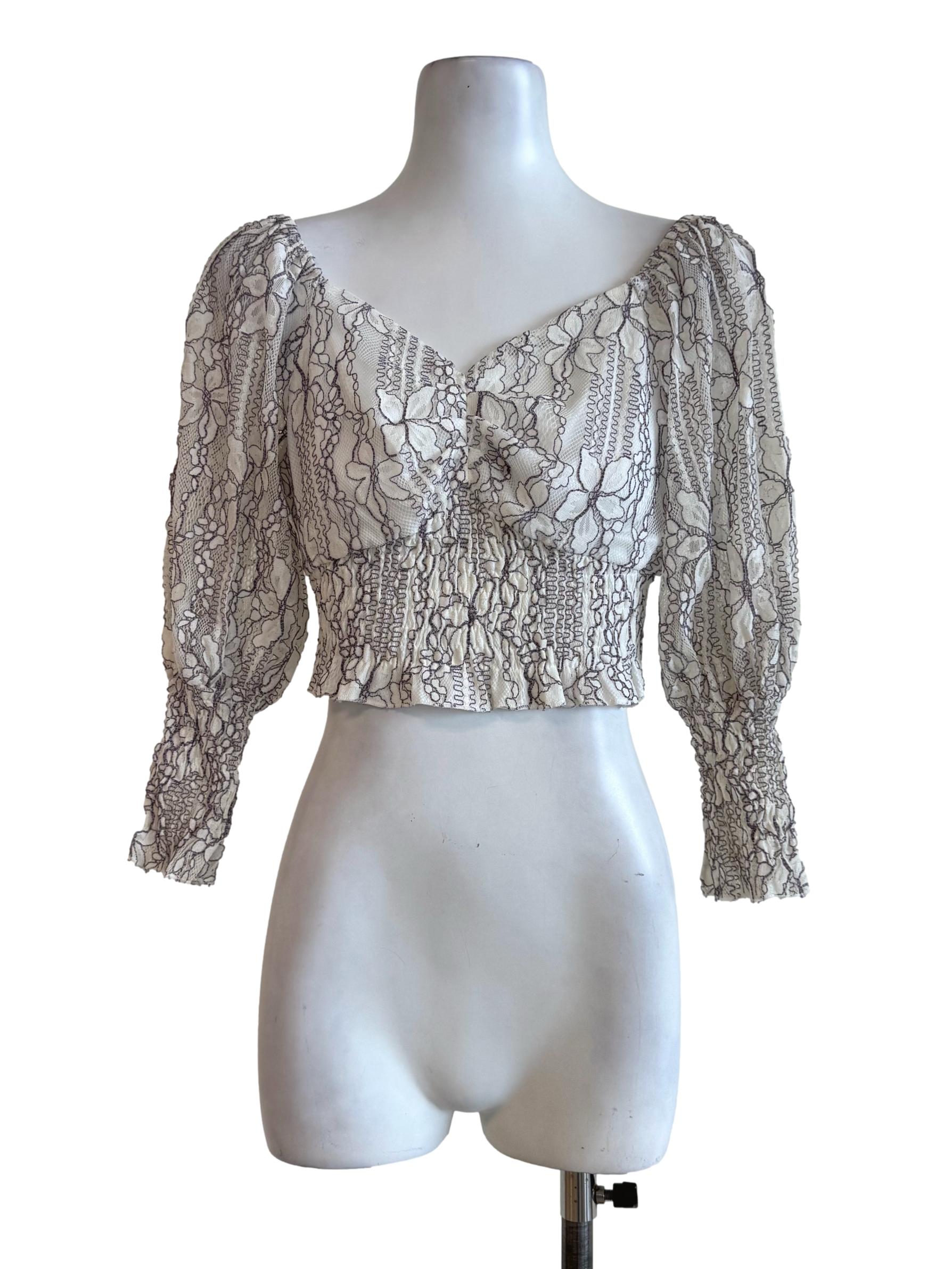 Lace White With Eggplant V Neck Crop Top
