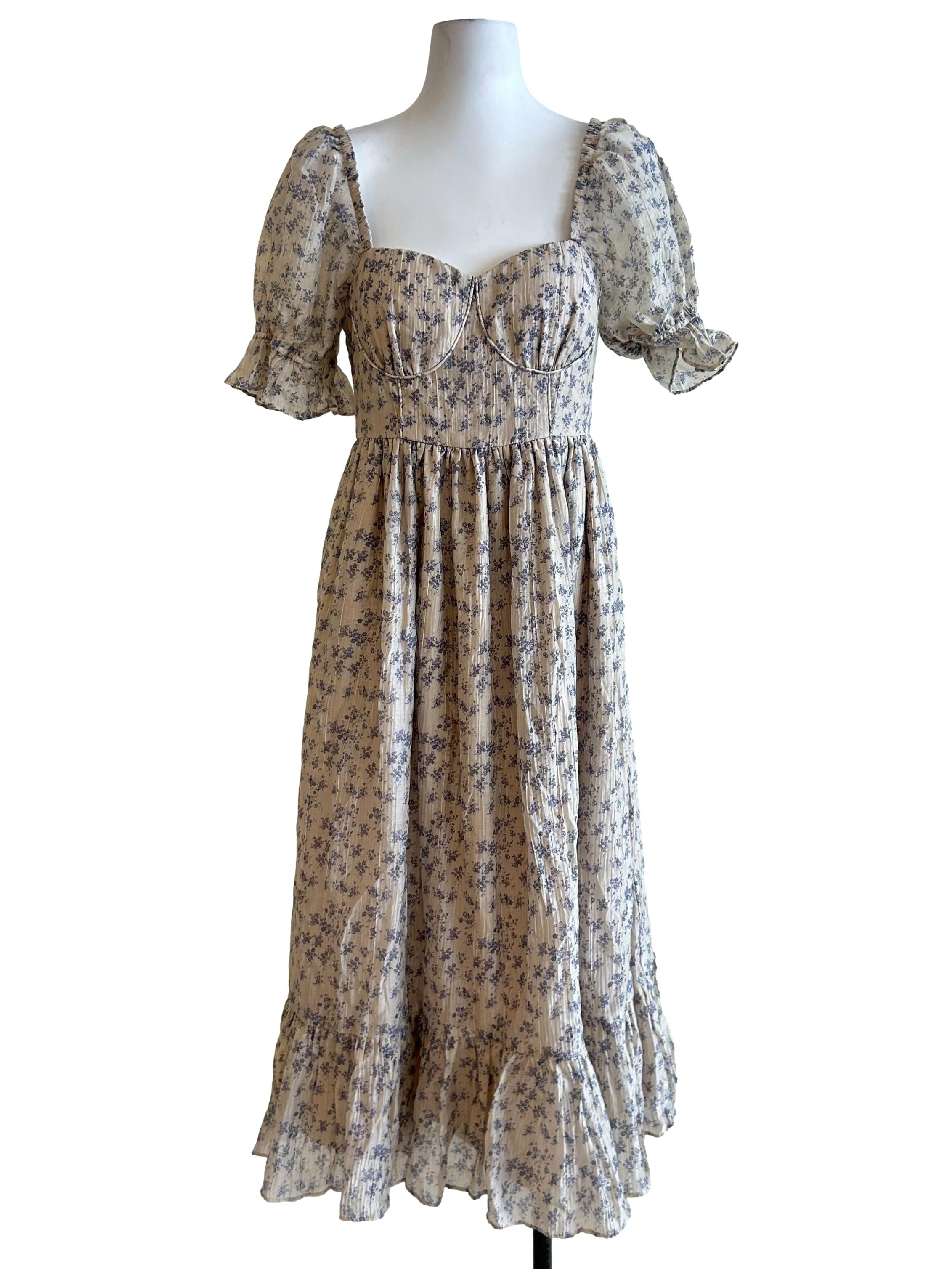 Bone White Floral Puff Sleeve Dress