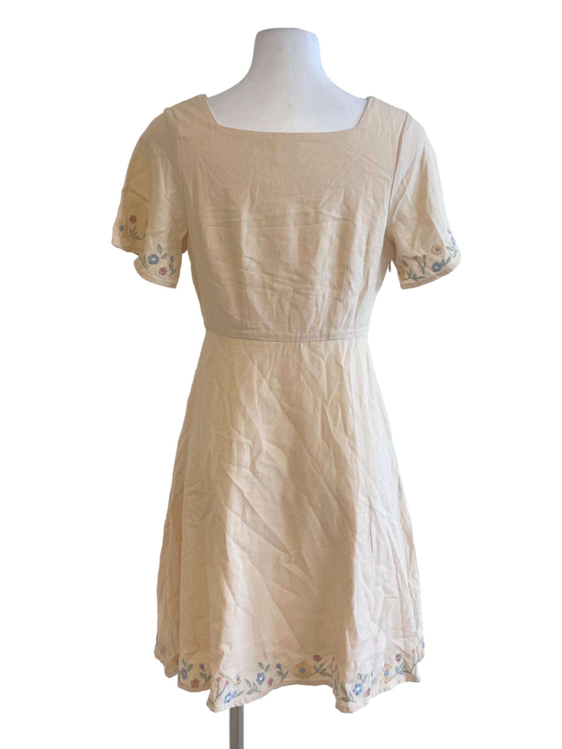 Eggnog Square Neck Embroidered Sleeve Dress