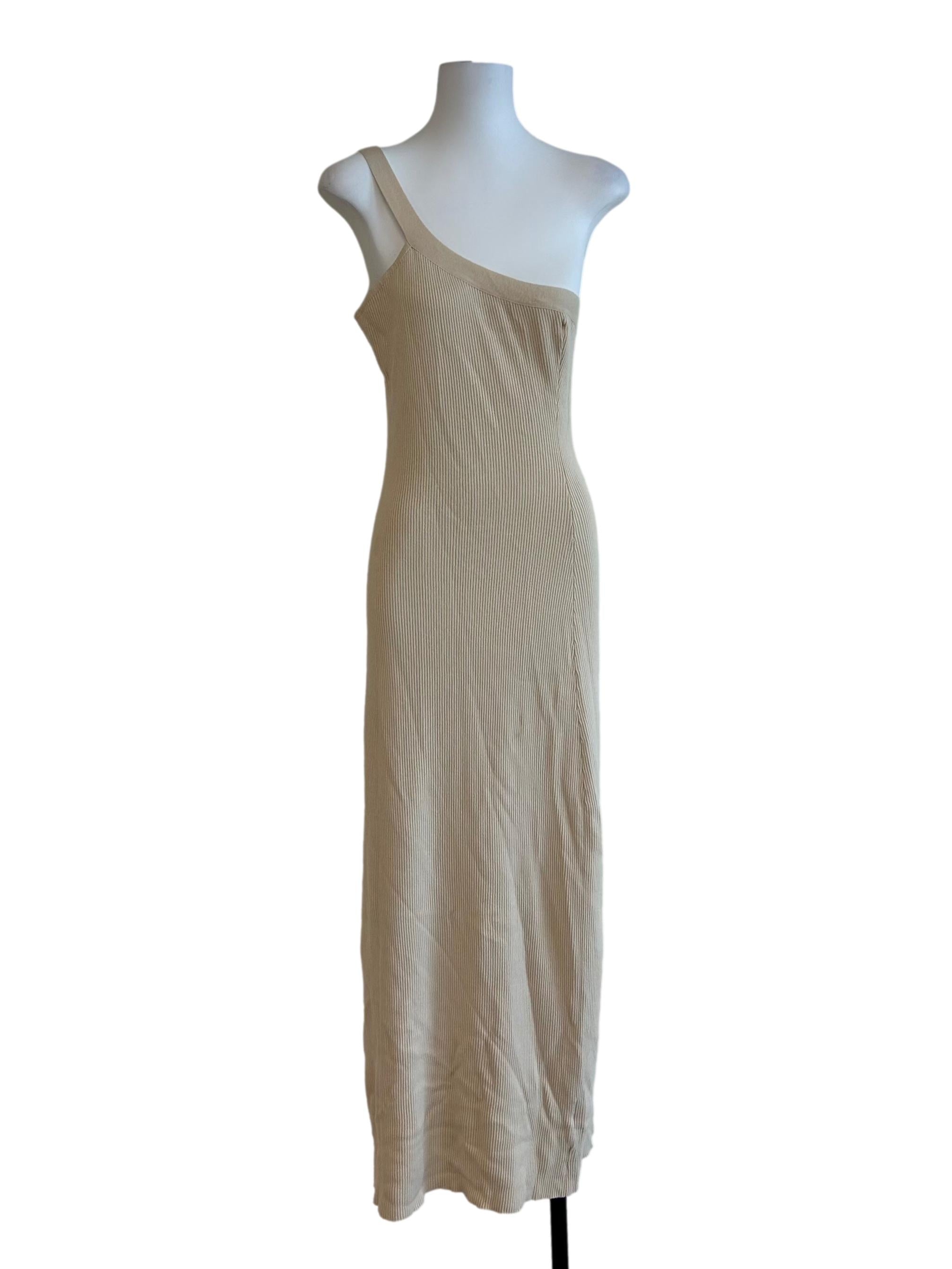 Beige Rib Knit Asymmetric Dress