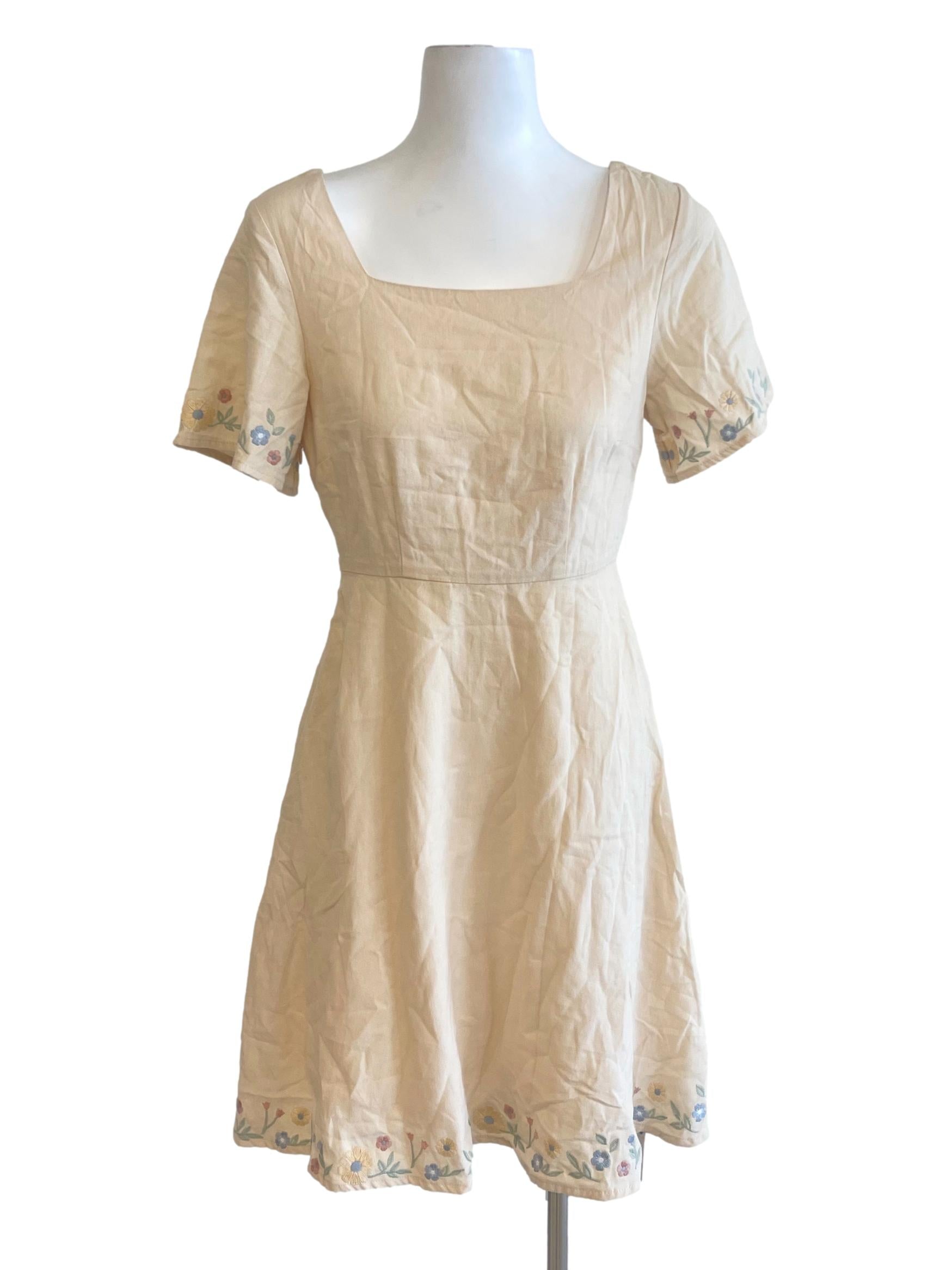 Eggnog Square Neck Embroidered Sleeve Dress