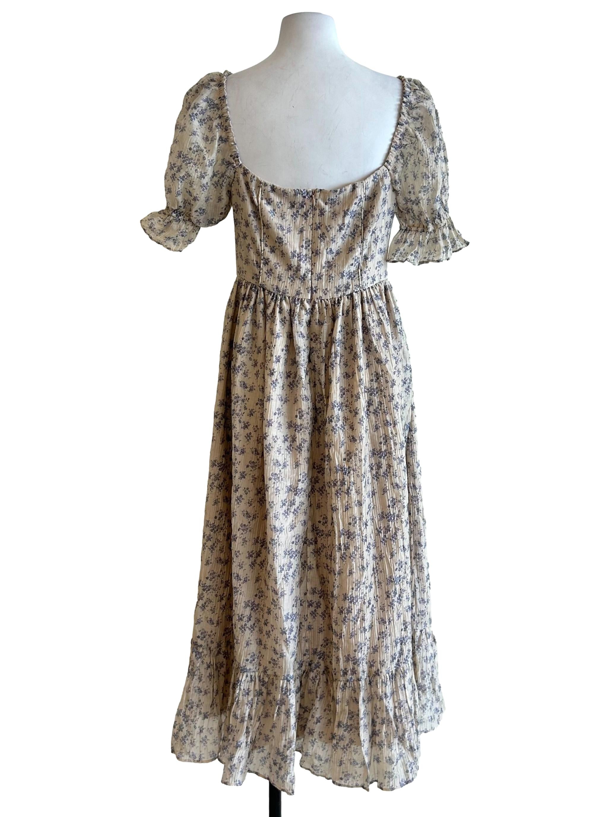Bone White Floral Puff Sleeve Dress