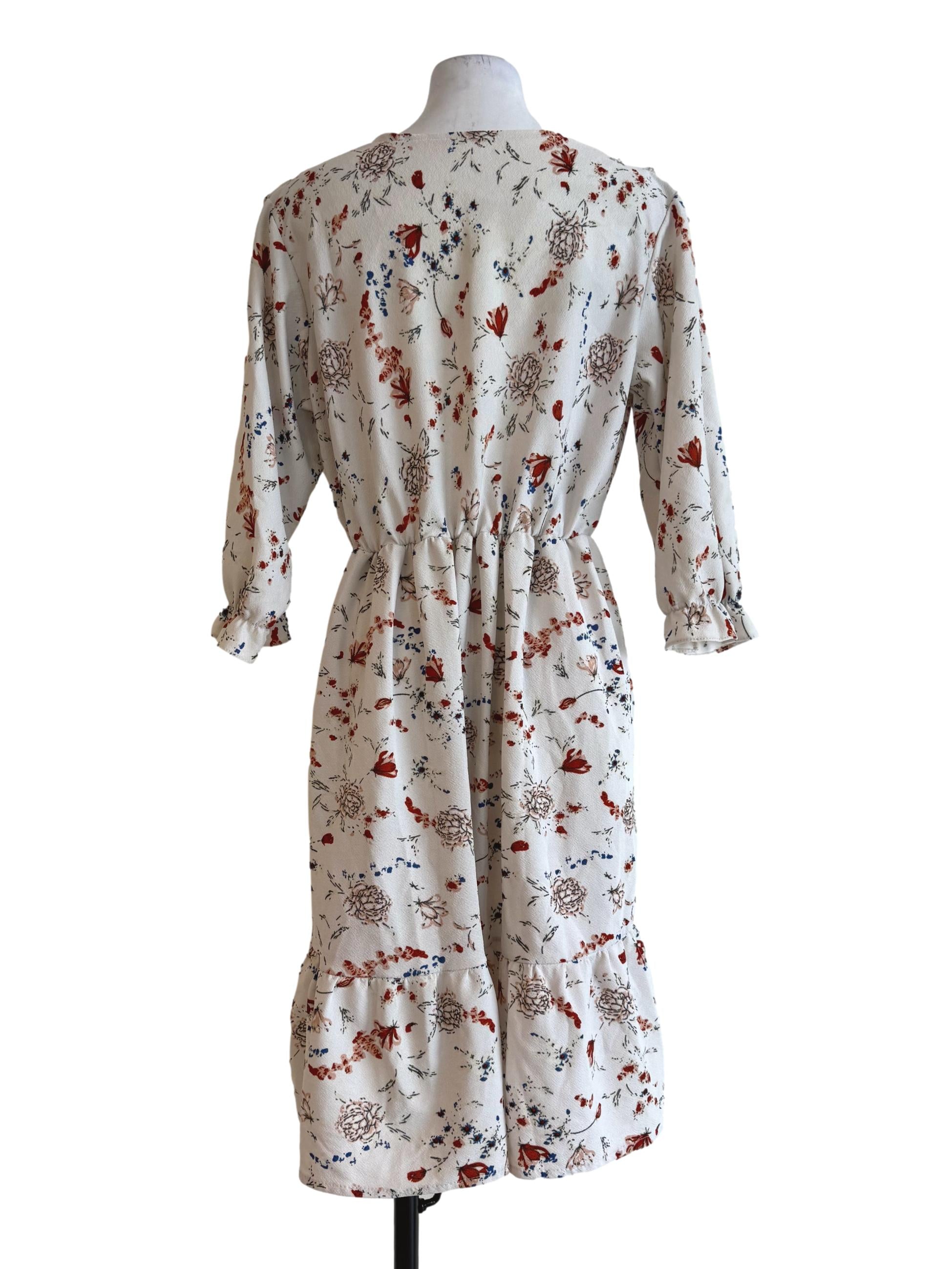 Textured White With Multicolor Prints Long Sleeve Dress