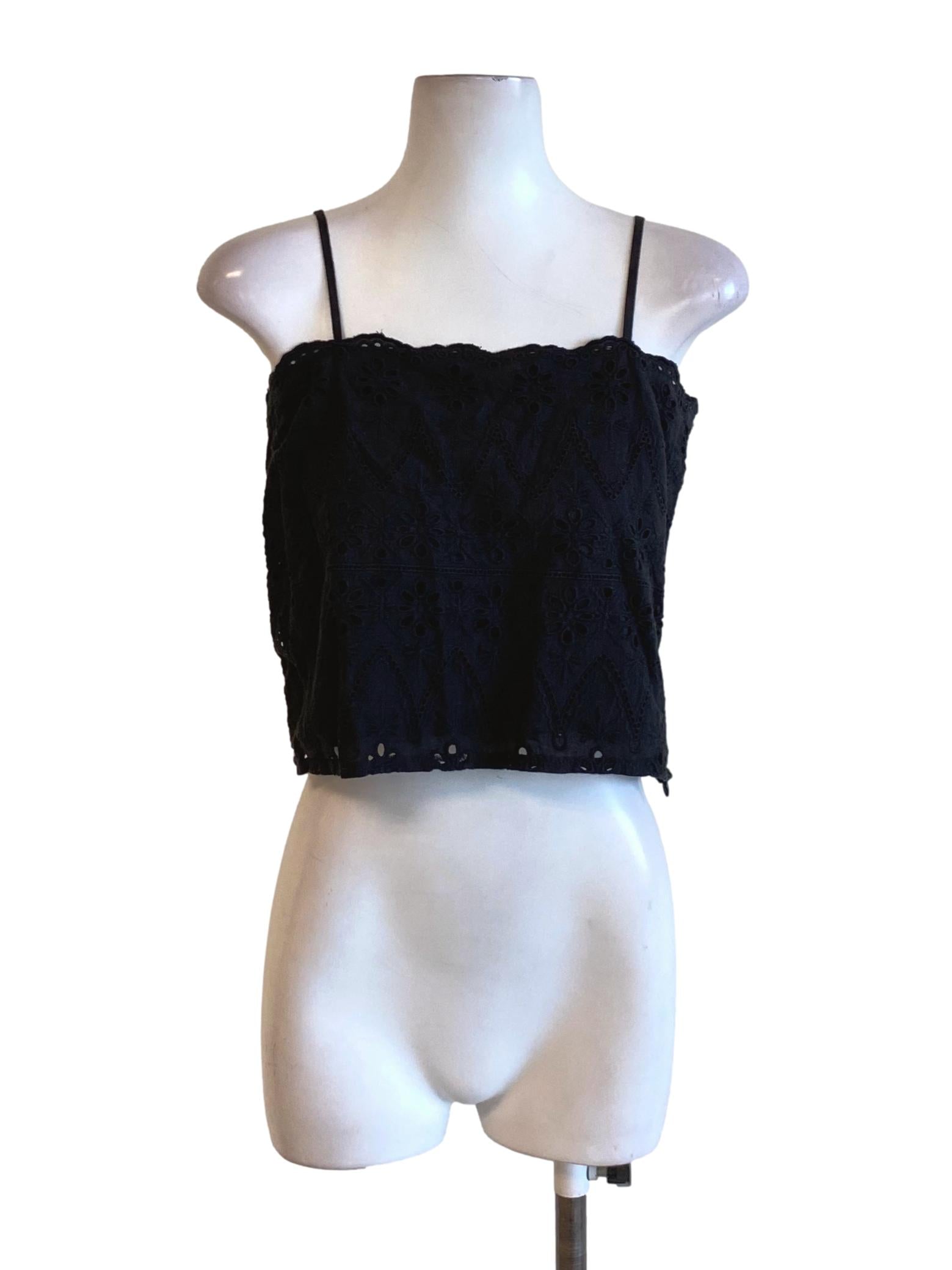 Shadow Black Floral Embroidered Cloud Detail Cropped Top