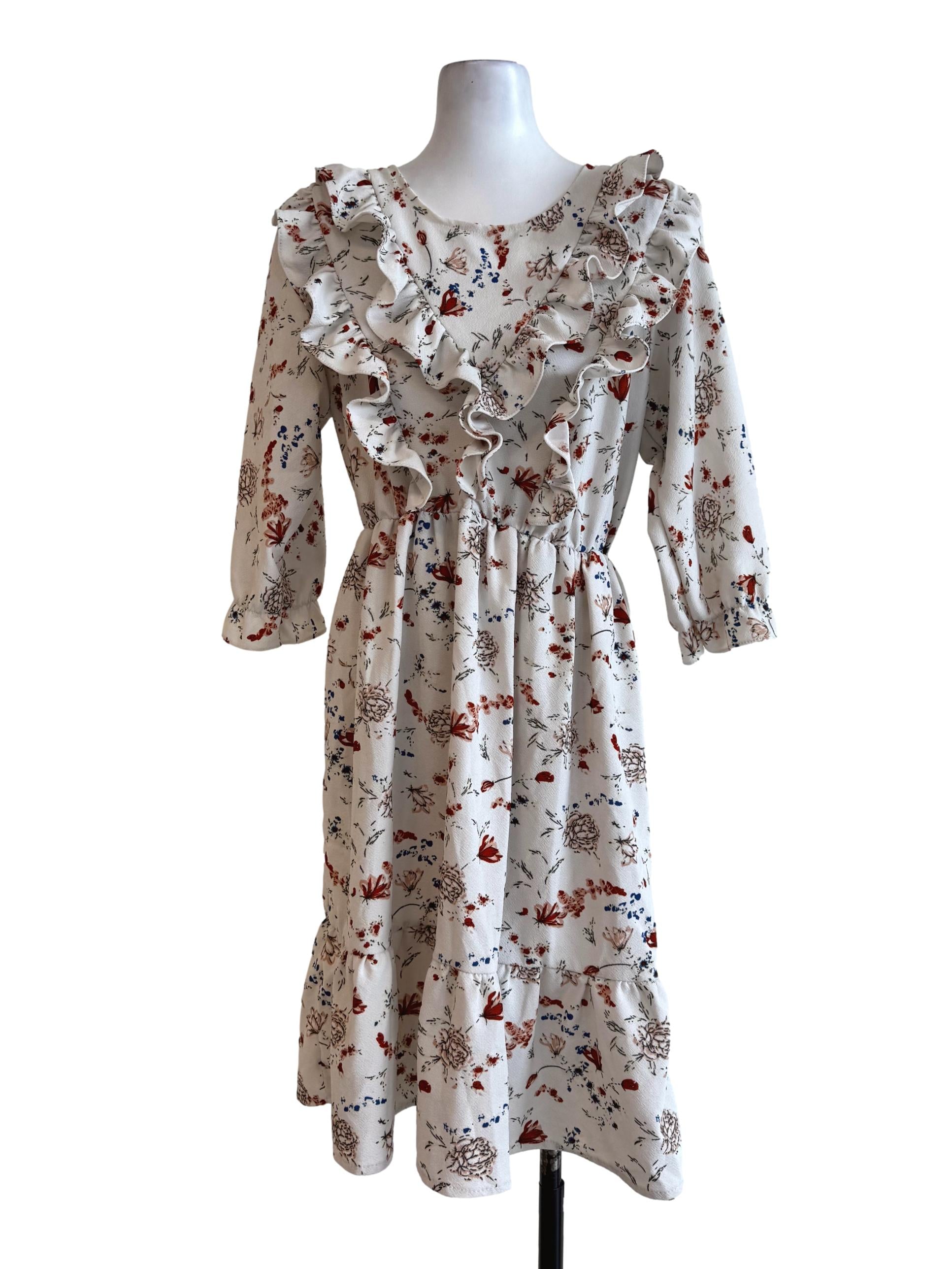 Textured White With Multicolor Prints Long Sleeve Dress