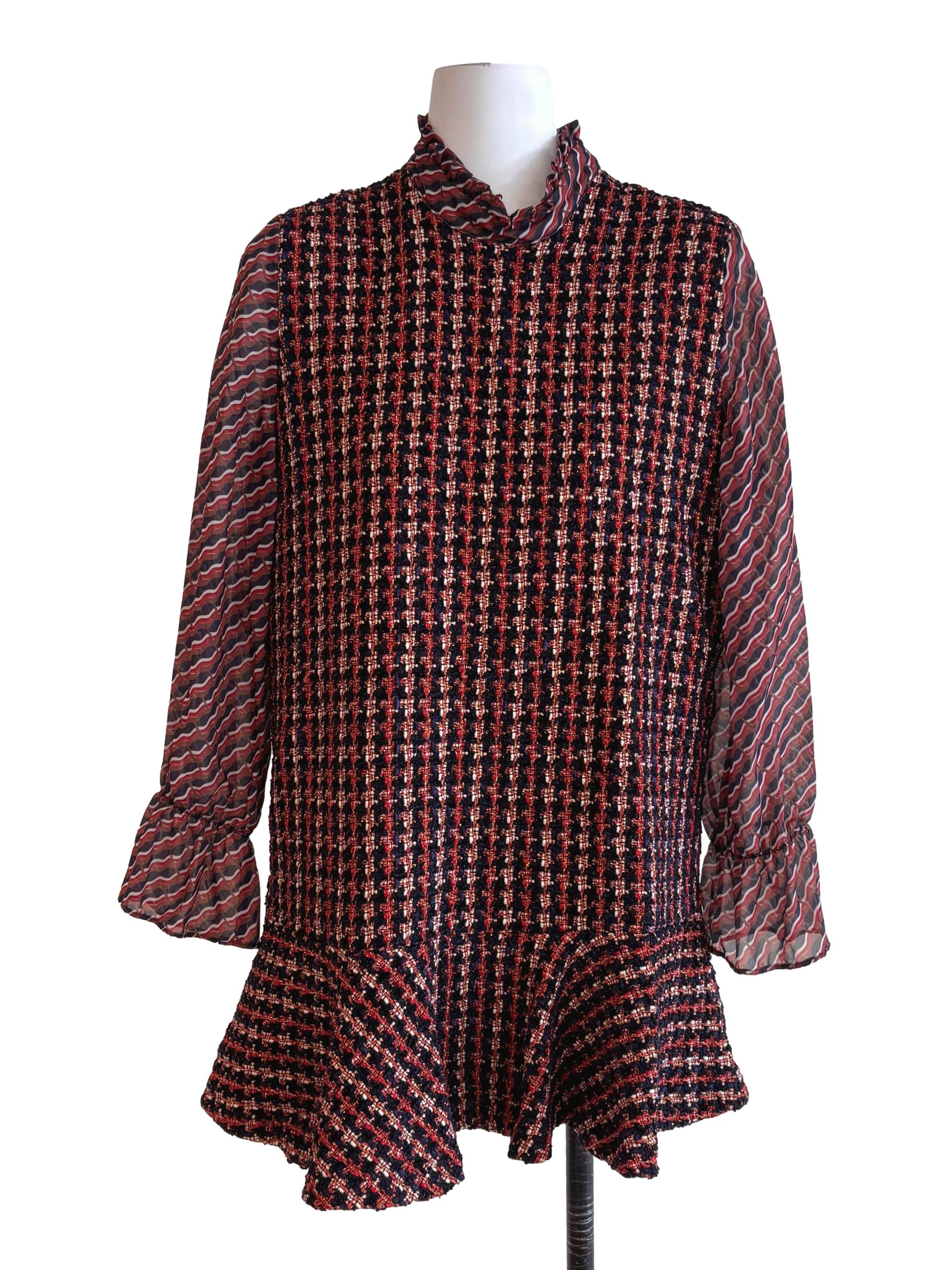 Red Blue Tweed Pattern Dress