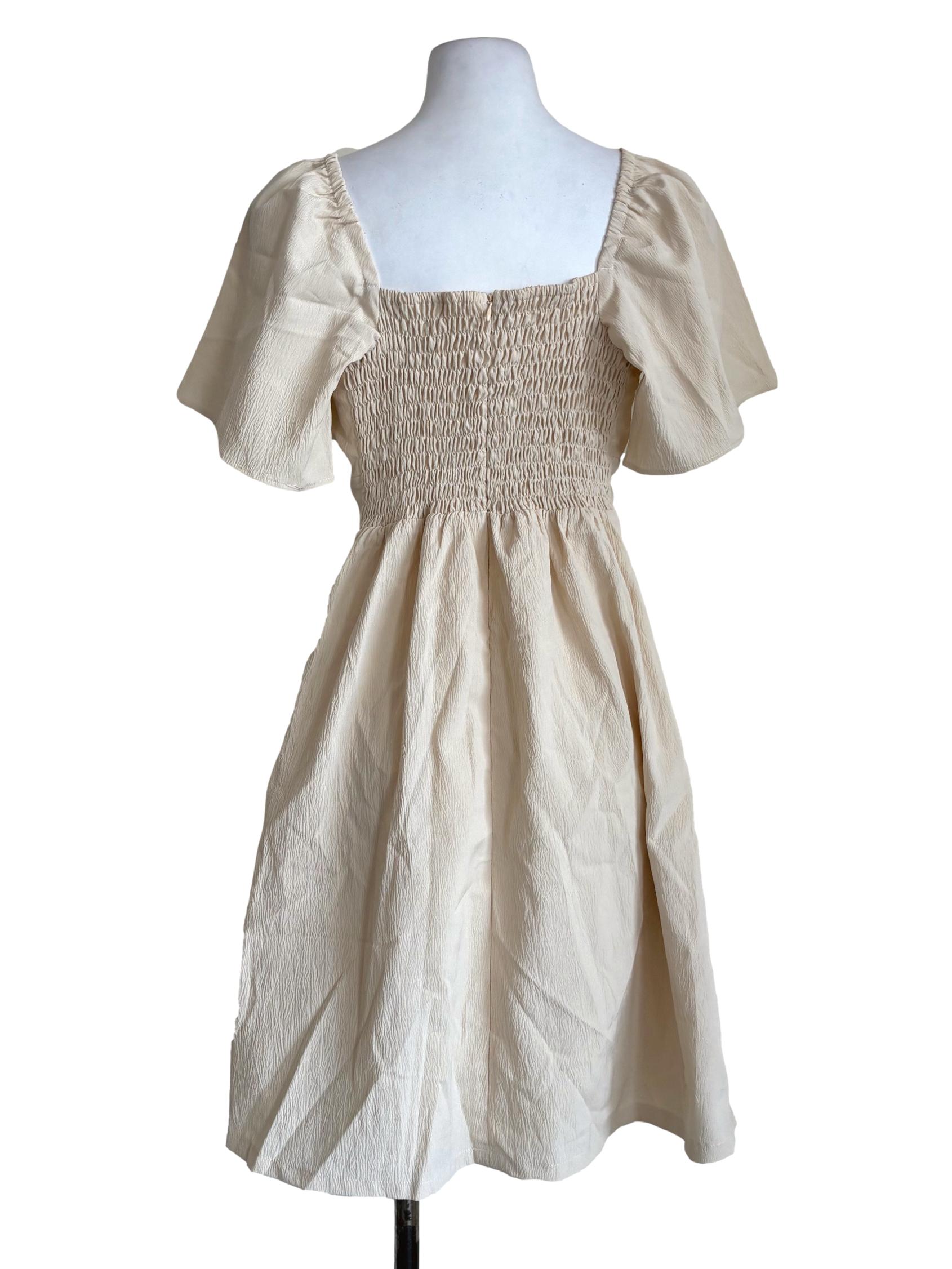 Beige Crinkled Button Dress