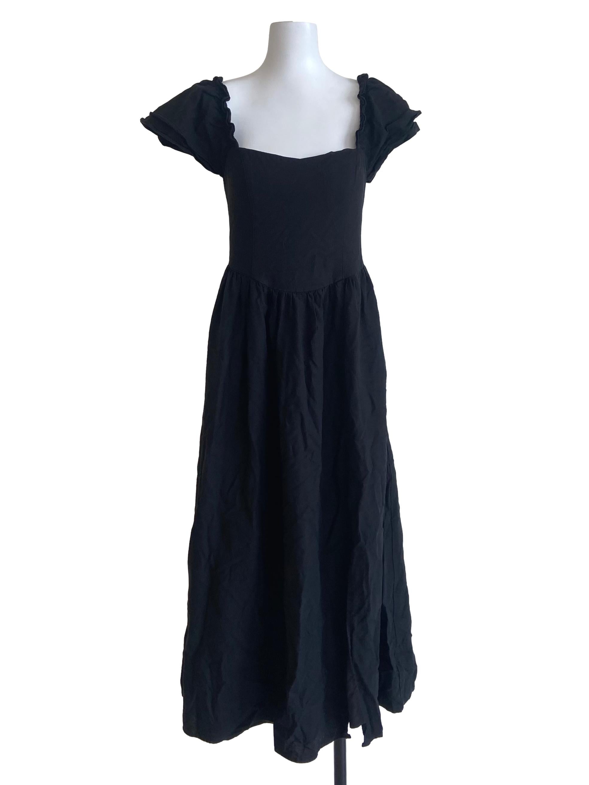 Black Square Neck Slit A-Line Dress