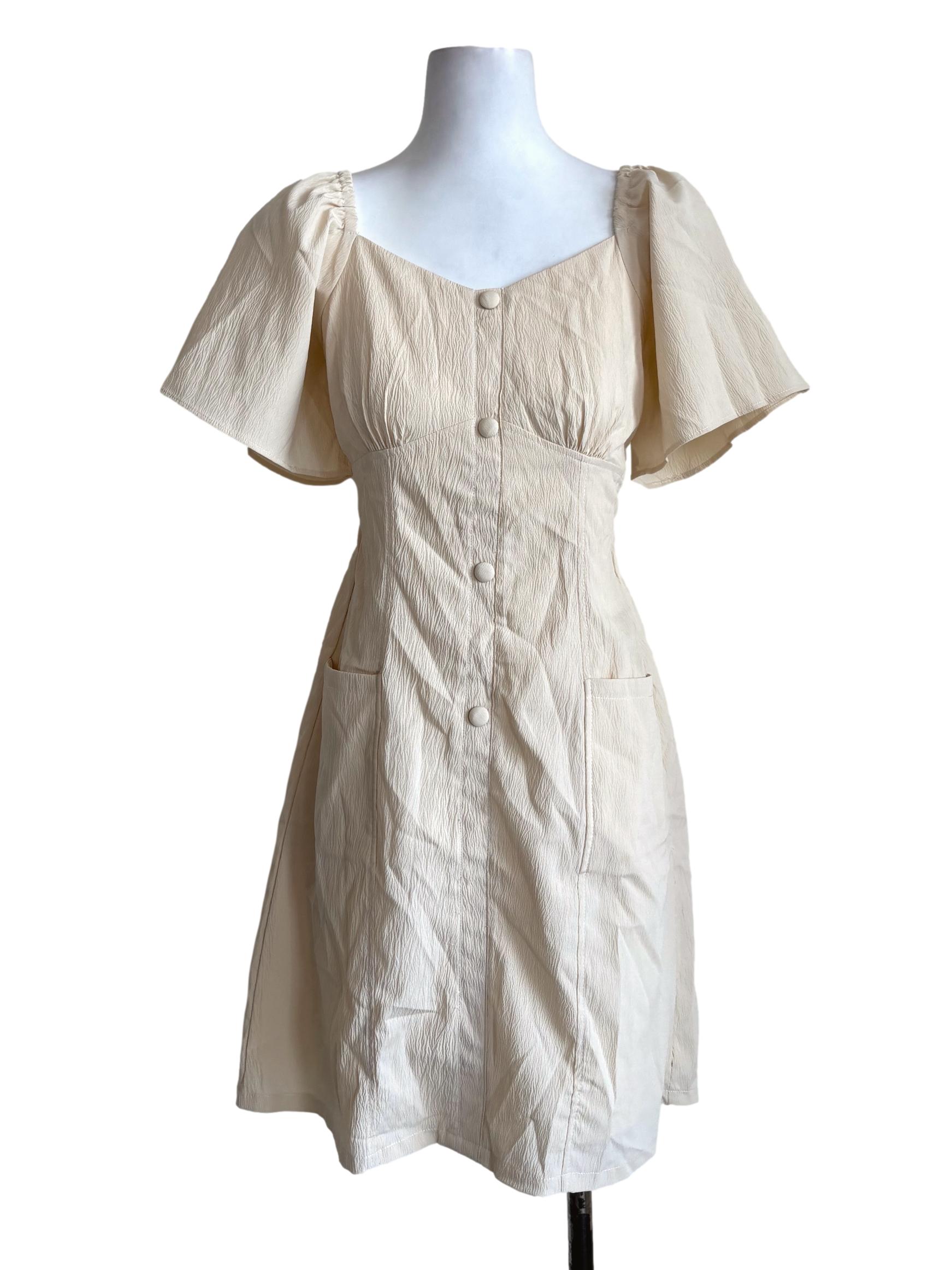 Beige Crinkled Button Dress