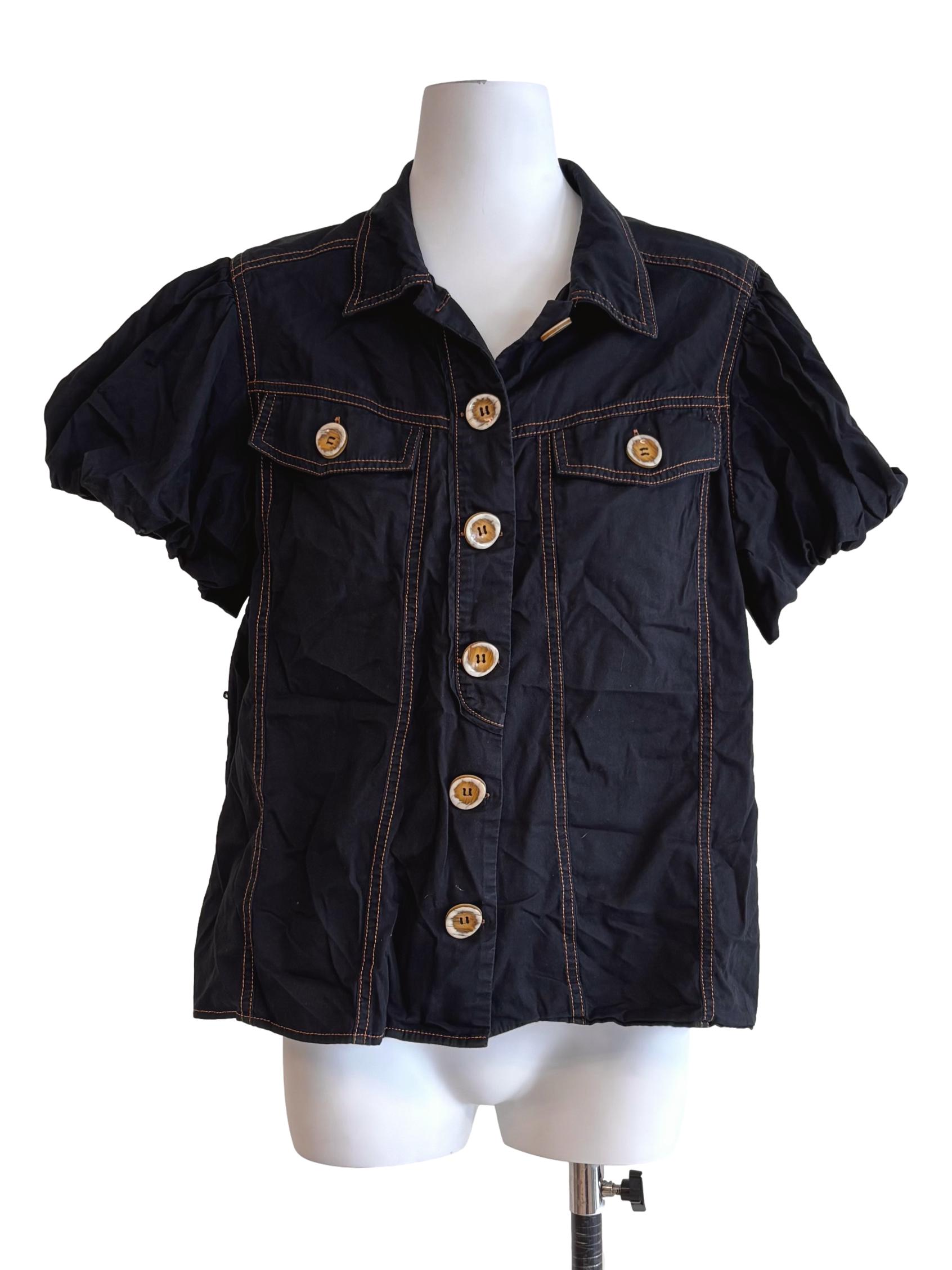 Black Puff Sleeve Button Shirt