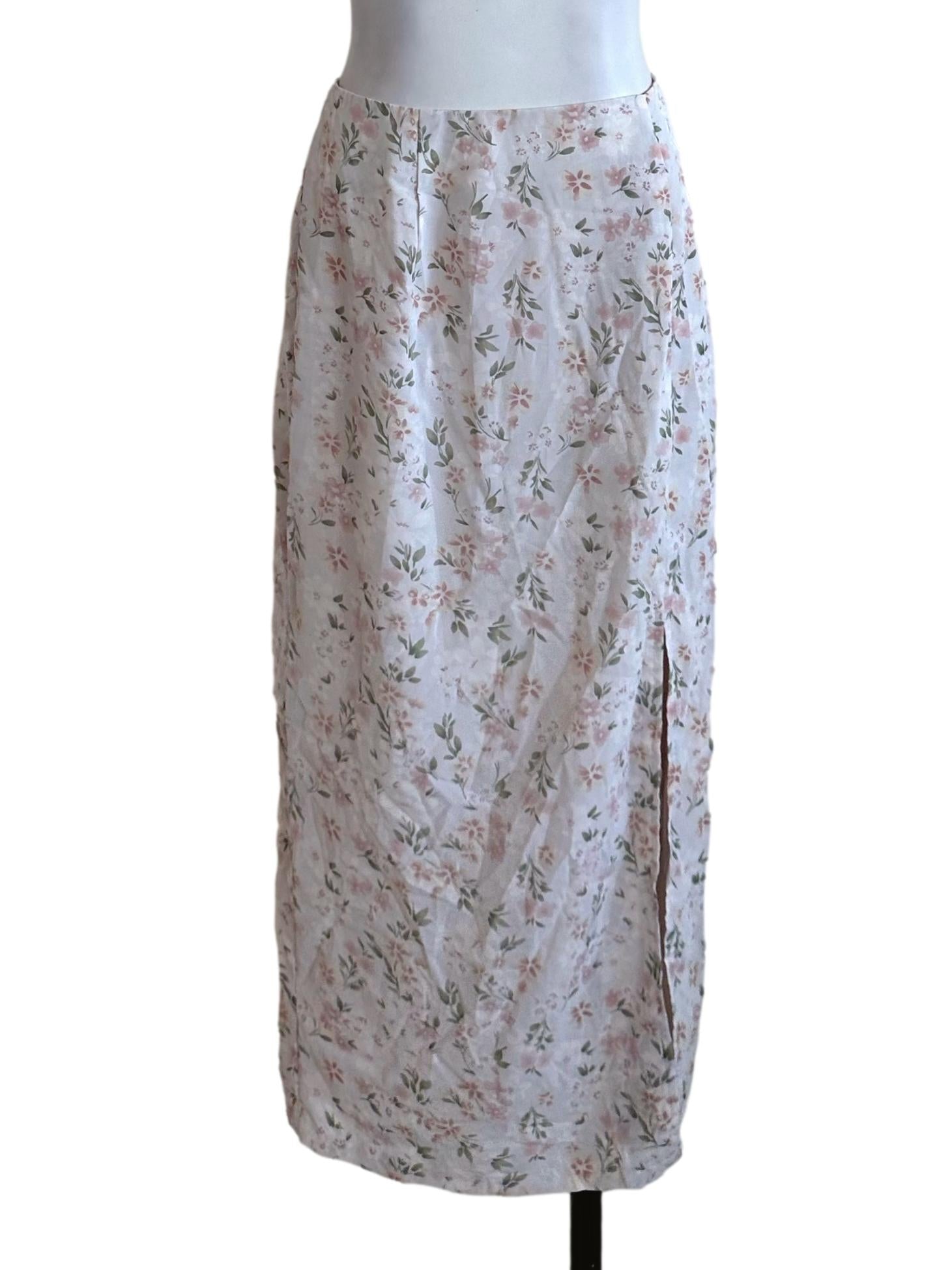 Pale Pink Floral Pattern Slit Skirt