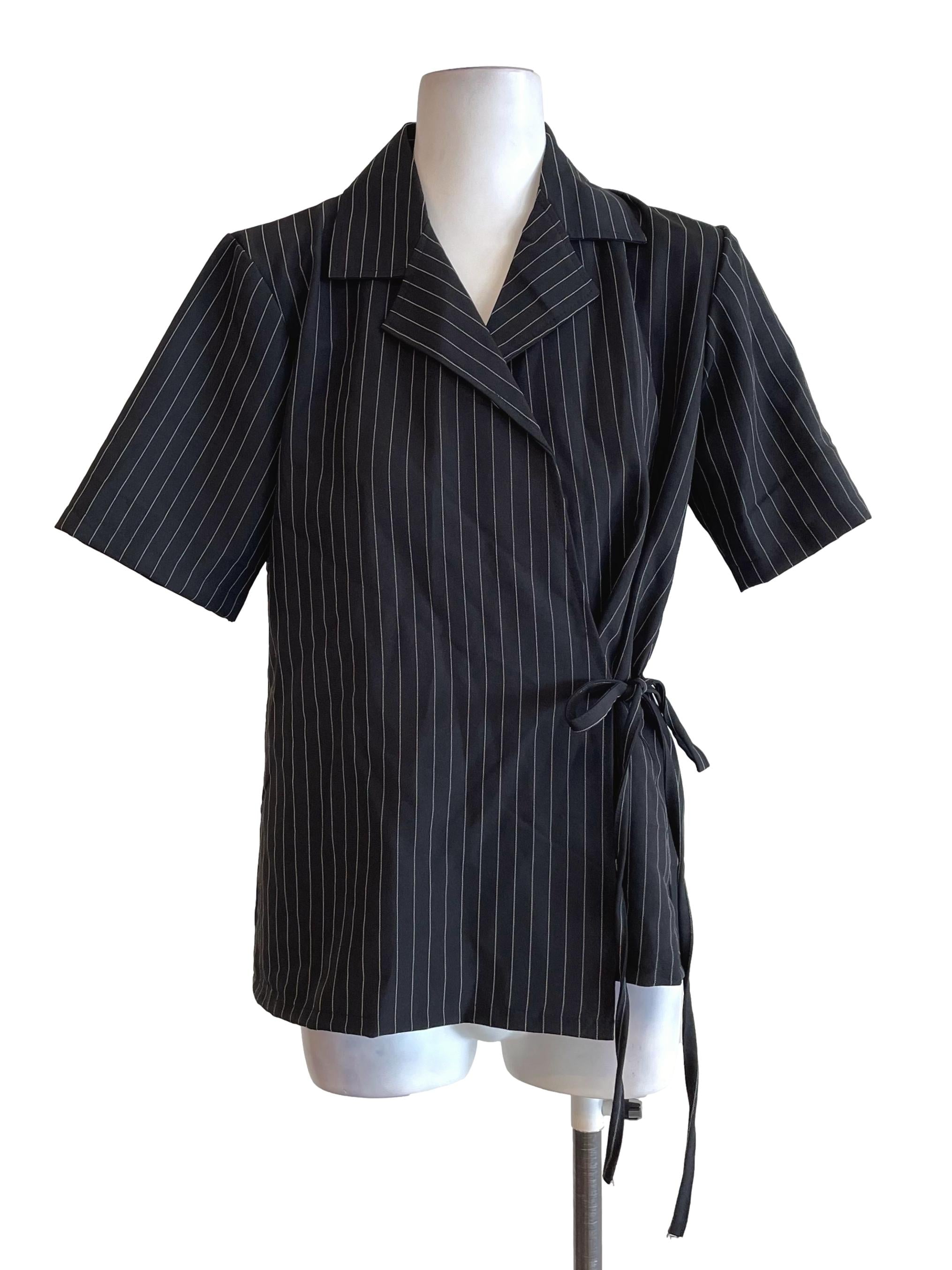 Black Pinstripe Wrap Cuba Shirt