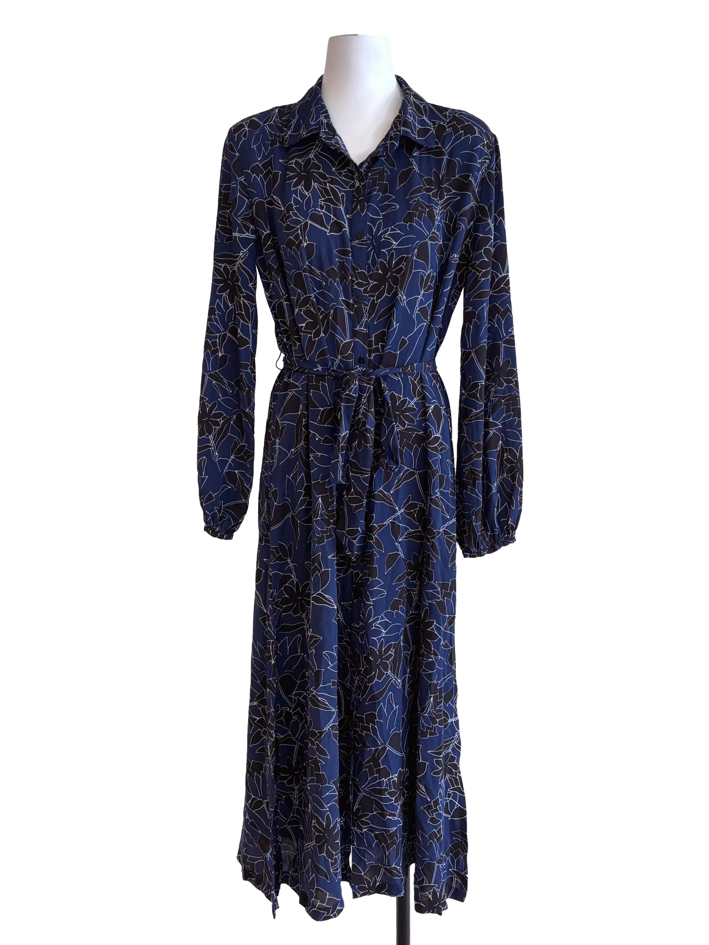 Dark Blue Floral Shirt Dress