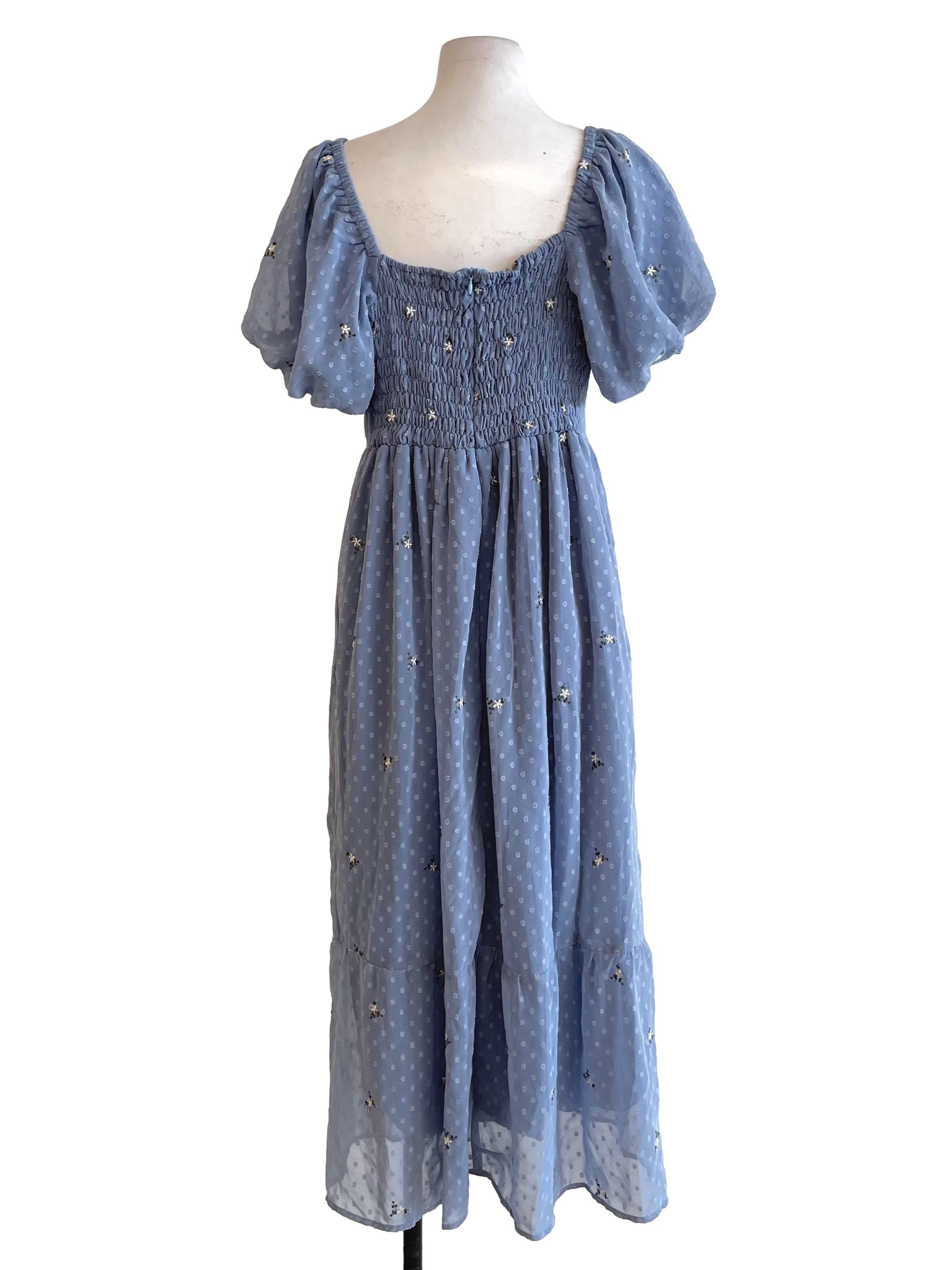 Ash Blue Floral Puff Sleeves Bouffant Dress