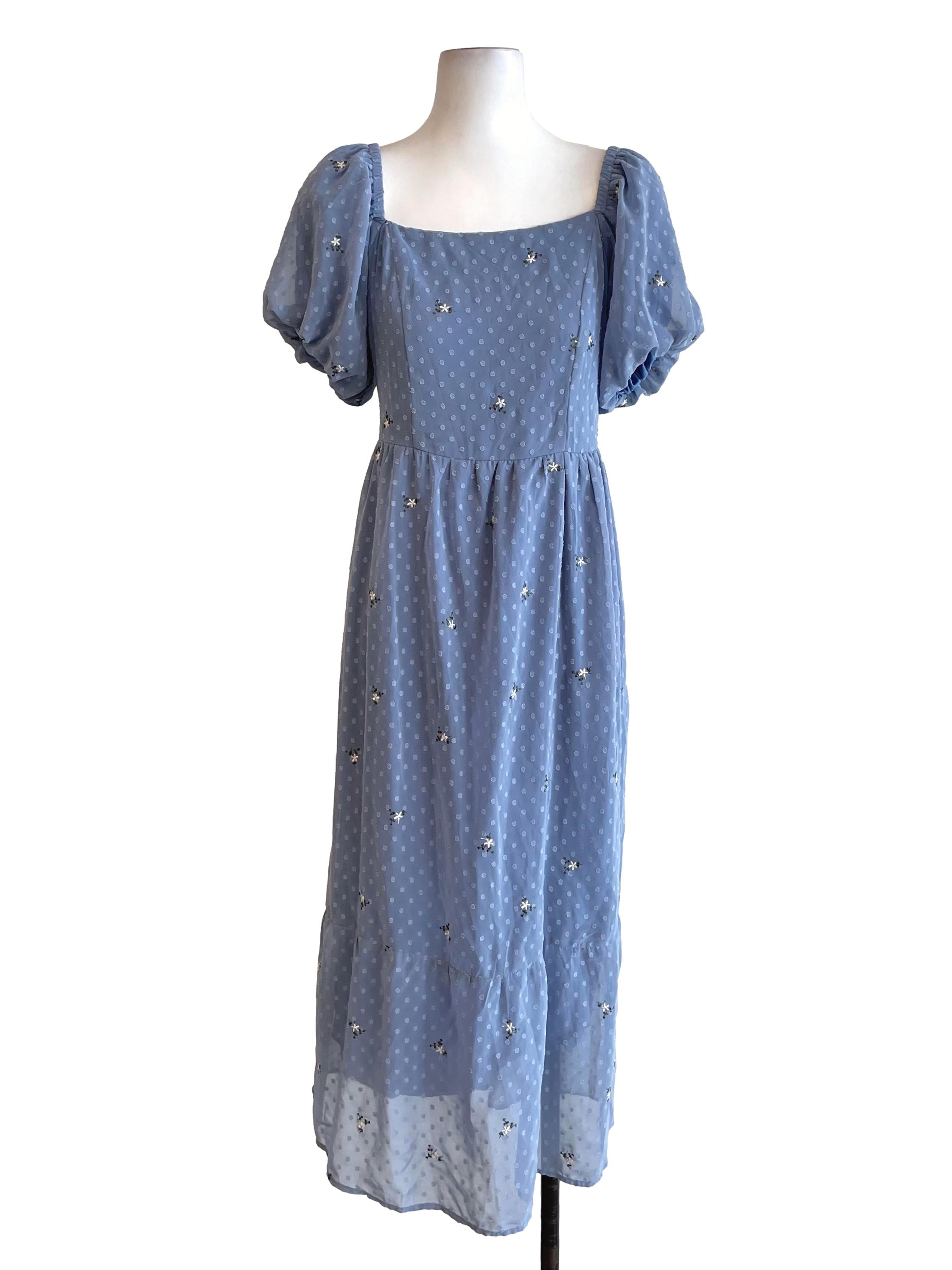 Ash Blue Floral Puff Sleeves Bouffant Dress