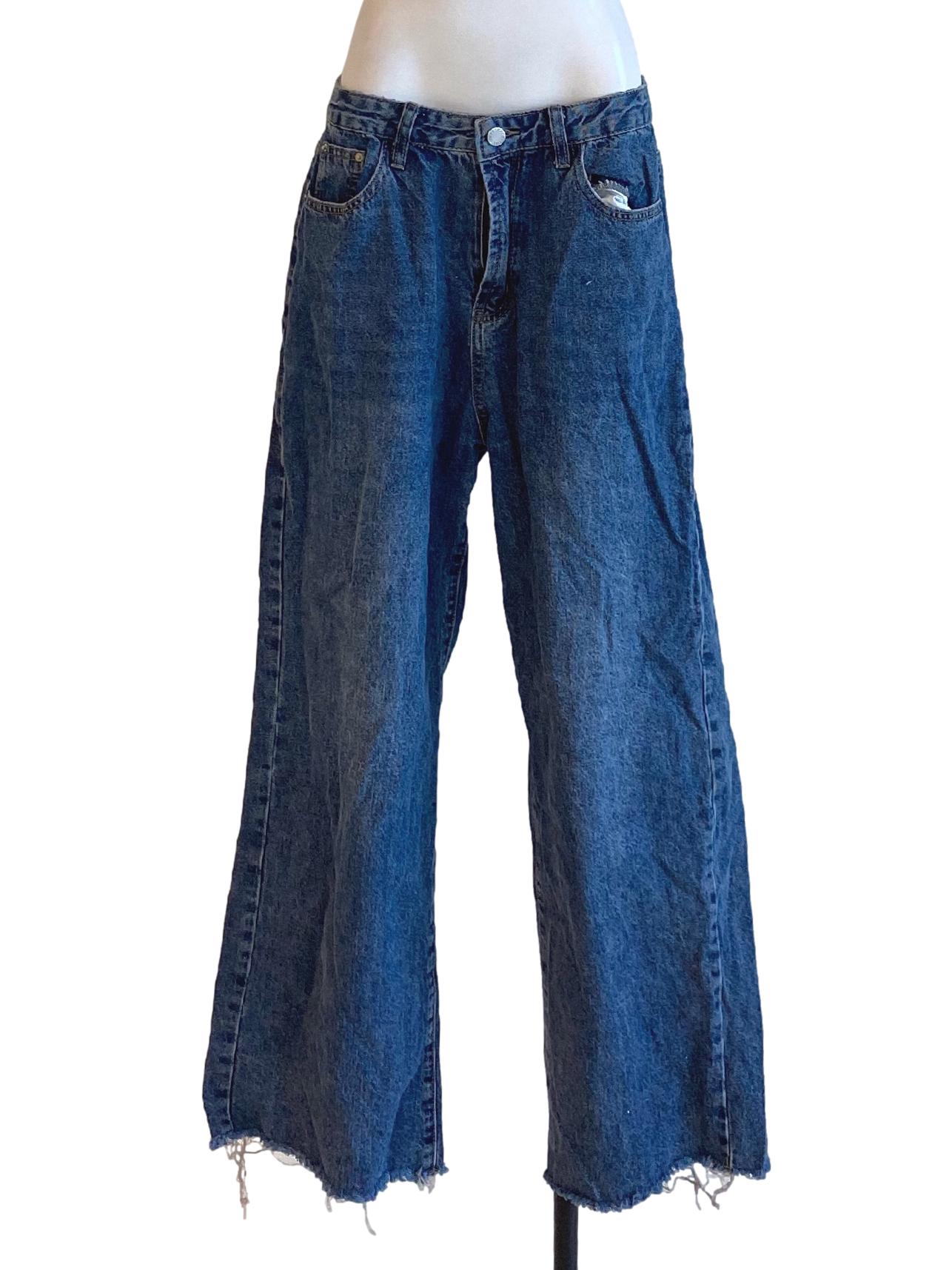 Denim Blue Buttoned Waist Straight Distressed Jeans TTR