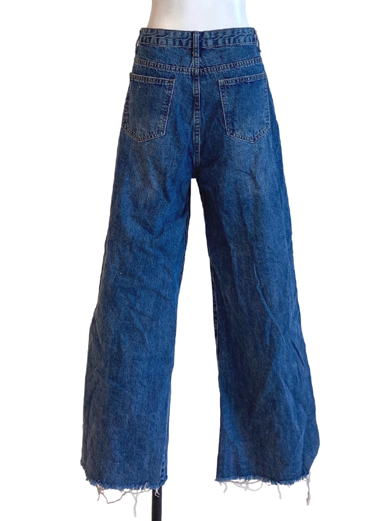 Denim Blue Buttoned Waist Straight Distressed Jeans TTR