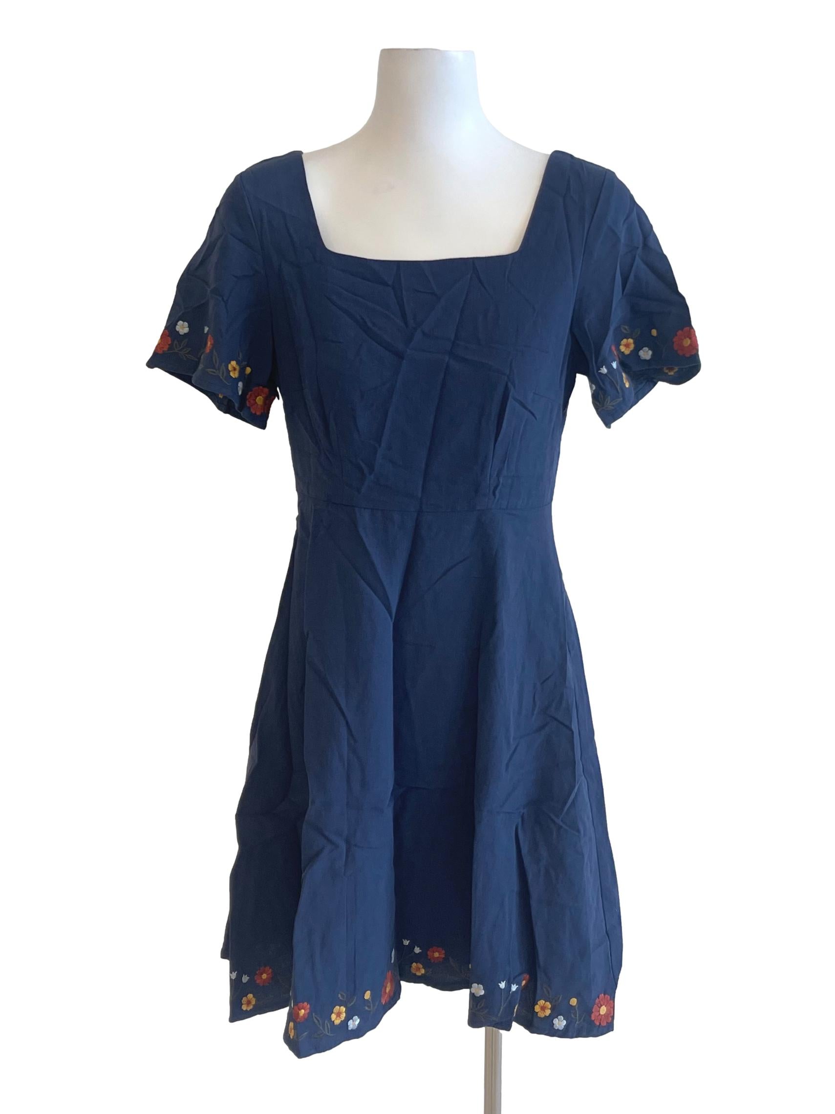 Navy Blue Square Neck Embroidered Sleeve Dress