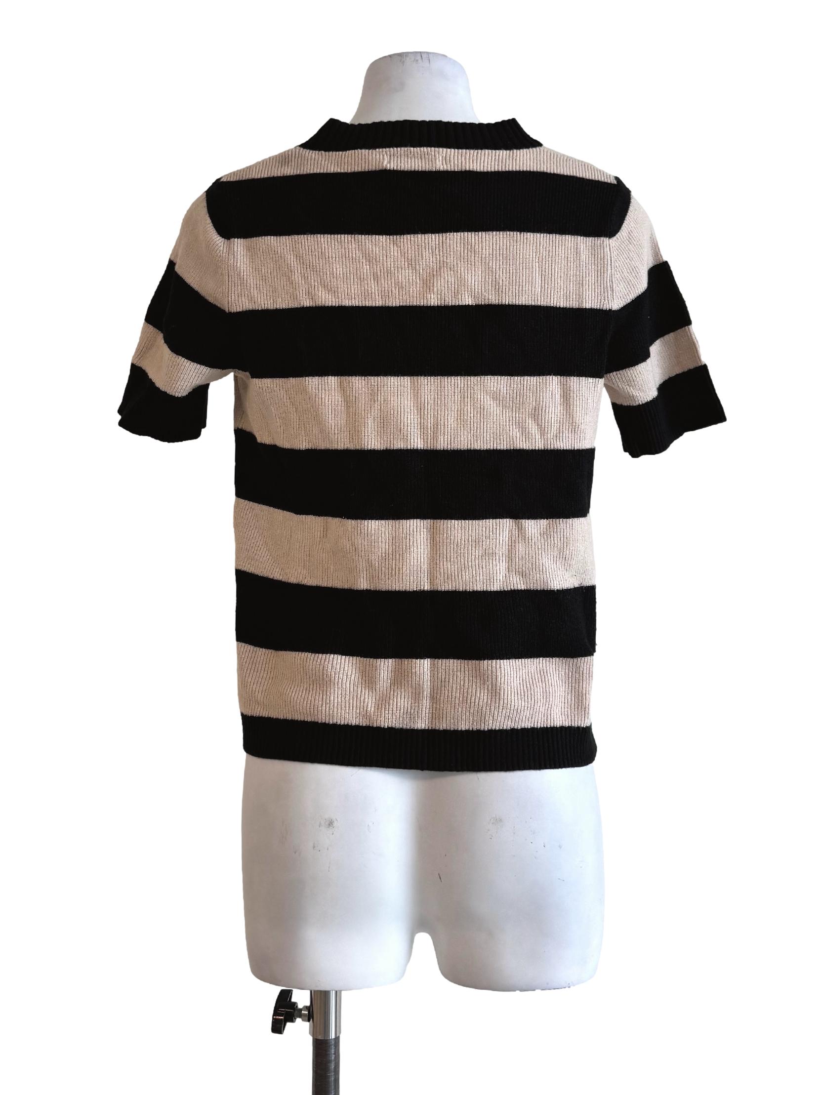 Black And Nude Stripes Round Neck Top