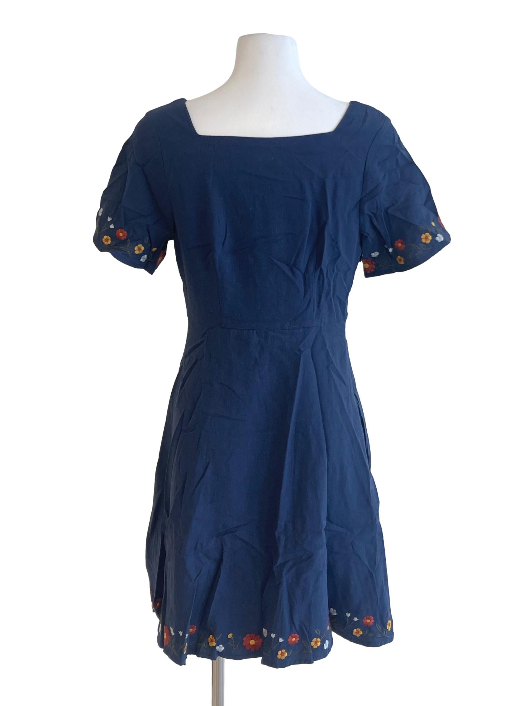Navy Blue Square Neck Embroidered Sleeve Dress