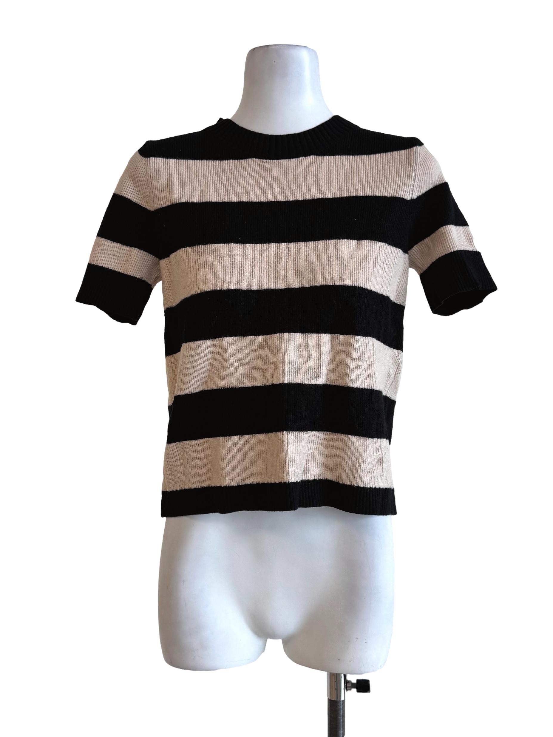 Black And Nude Stripes Round Neck Top